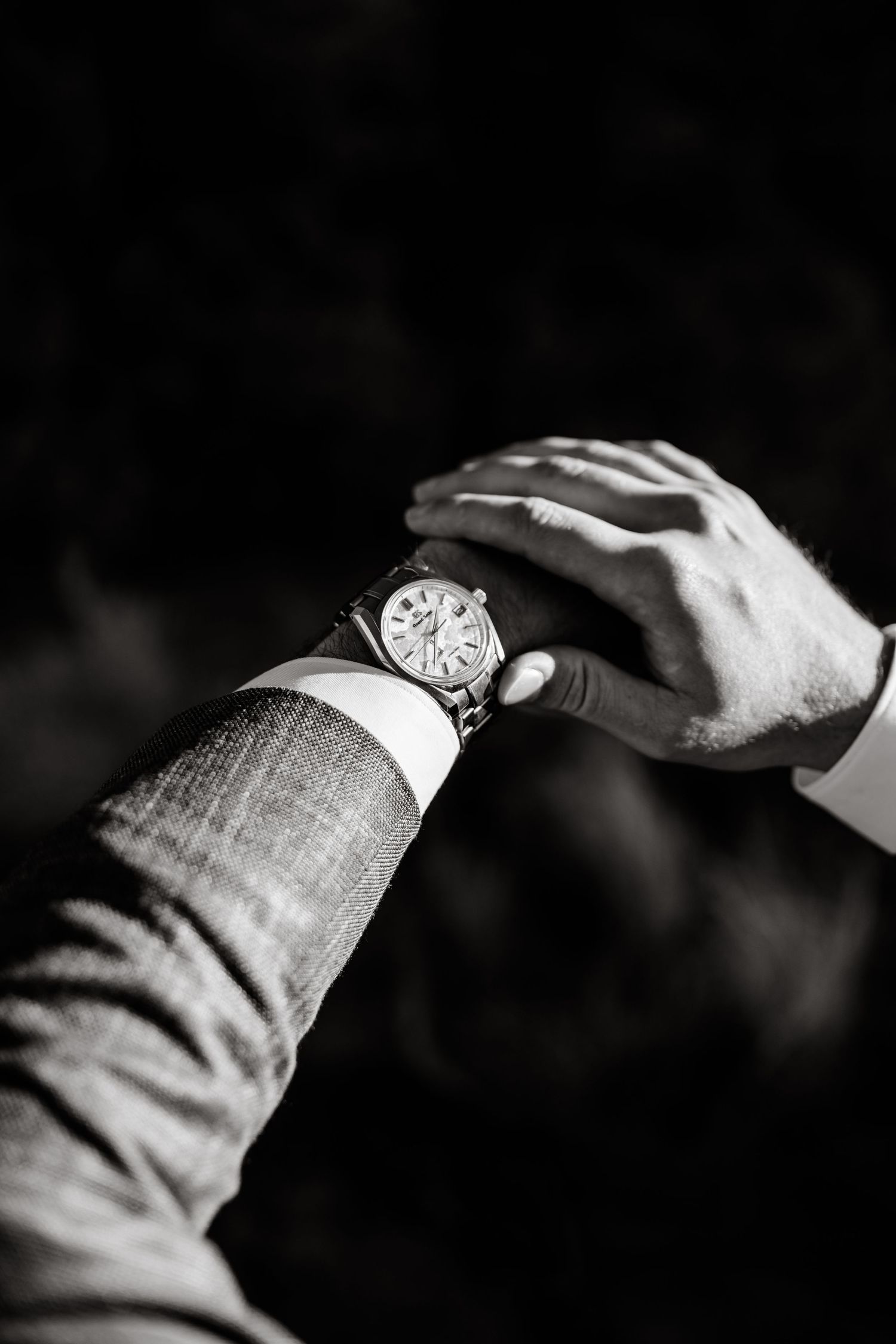 Black and white close-up of a watch being checked on someone's wrist.
