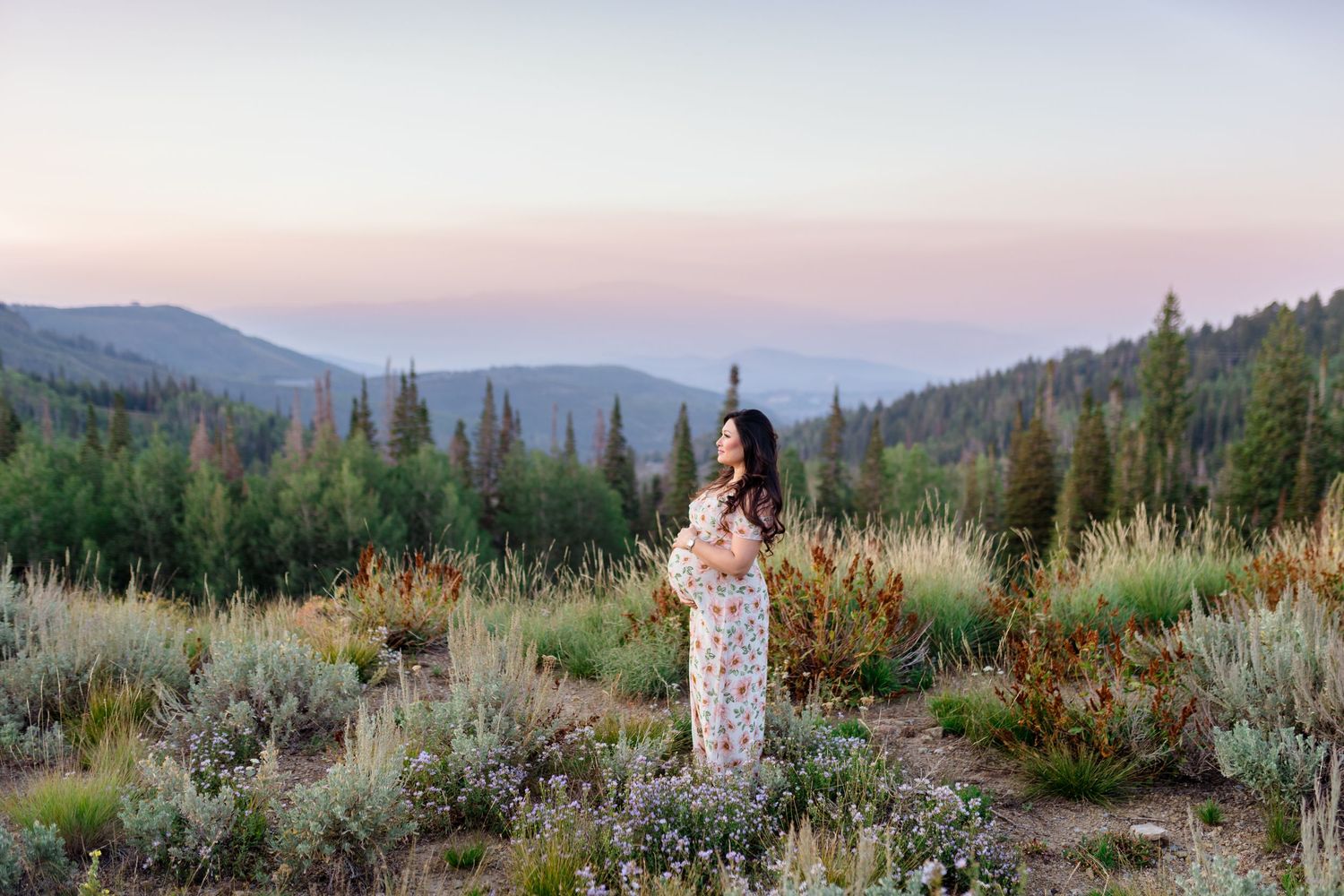 Scenic mountain landscape at sunset with wildflowers and sagebrush in the foreground.