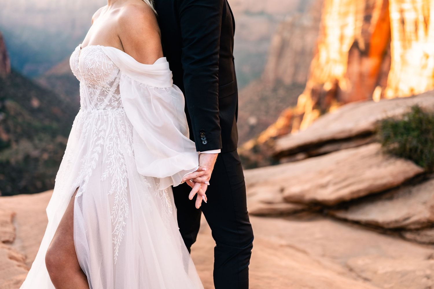 Wedding couple portraits in Zion National Park in October by Zion wedding photographer