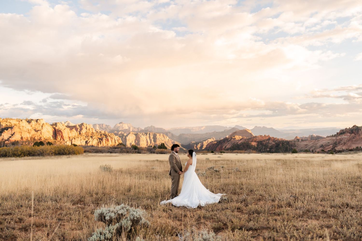Wide panoramic view of red rock cliffs and mountains with tall grass in the foreground at dusk.