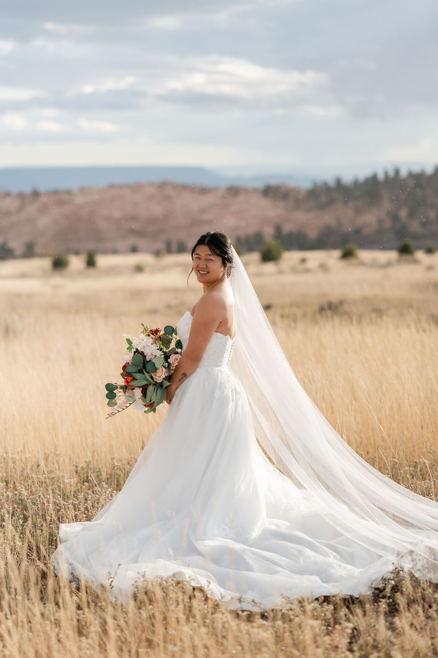 A flowing white wedding dress billows in the wind across a golden field with mountains in the background.
