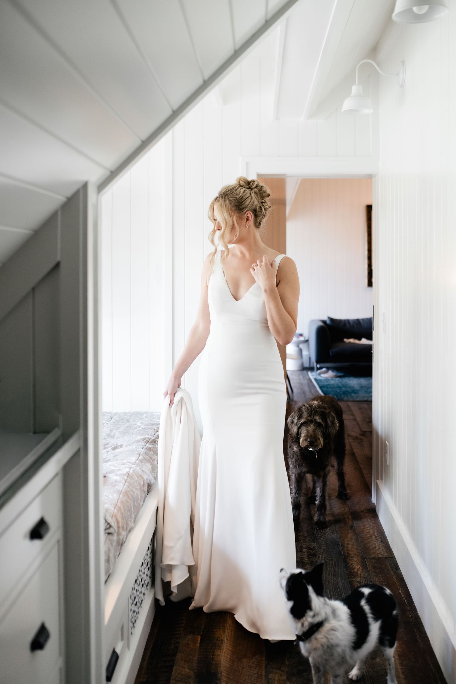 A white wedding dress hangs in a hallway while a black and white cat walks nearby.