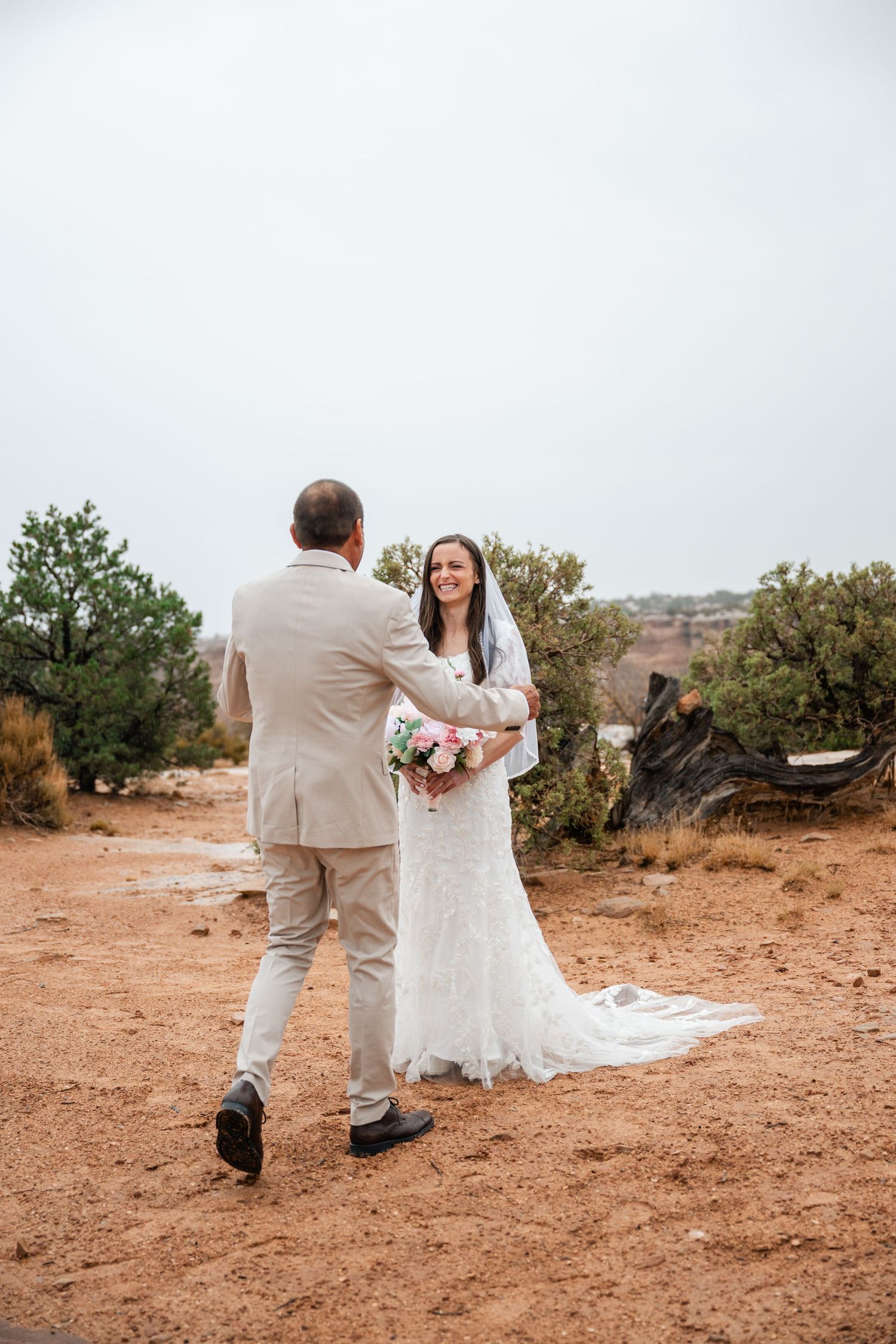 A couple shares their first look moment in a desert landscape during their wedding day.