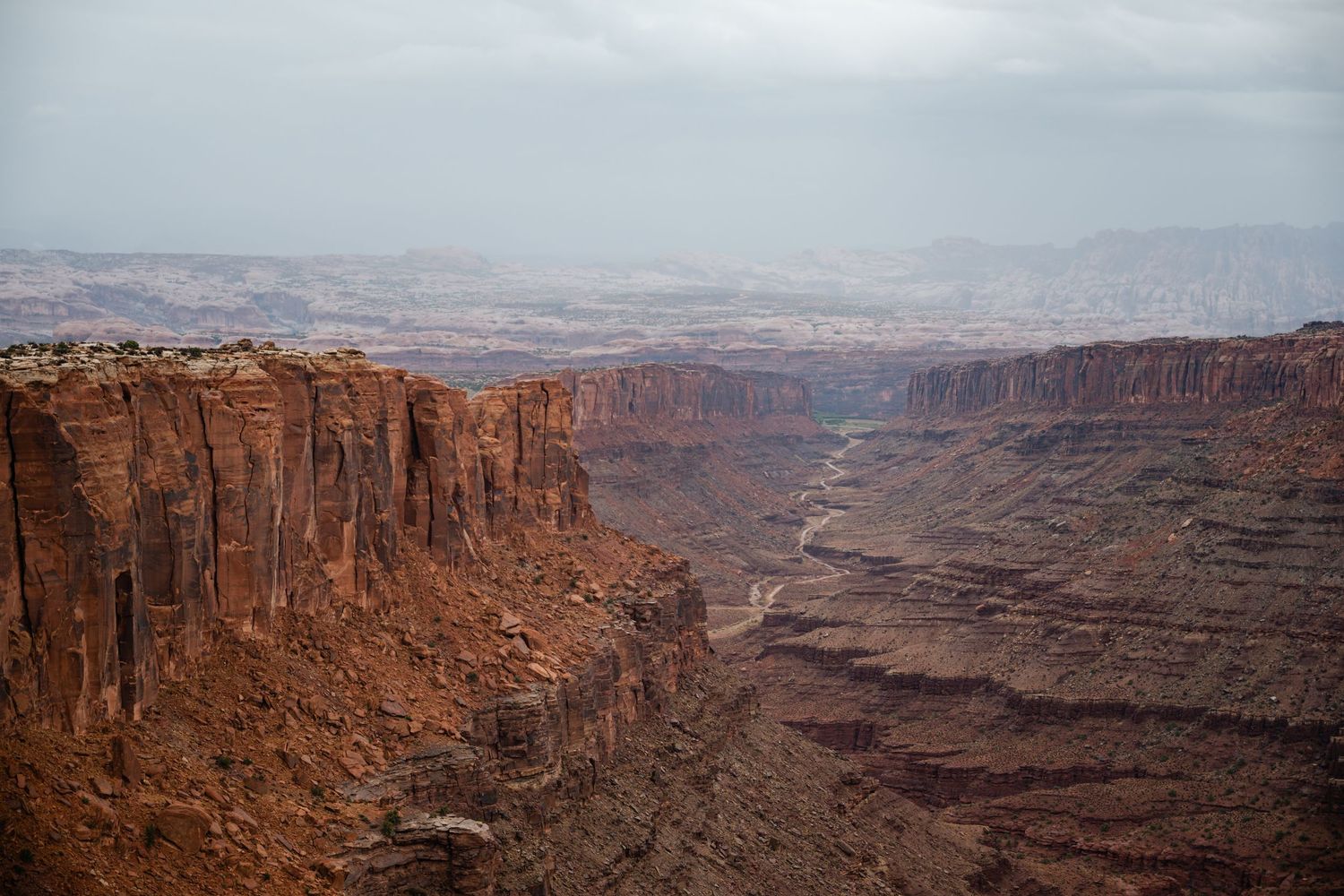 Panoramic view of vast red rock canyons and desert cliffs stretching to the horizon.