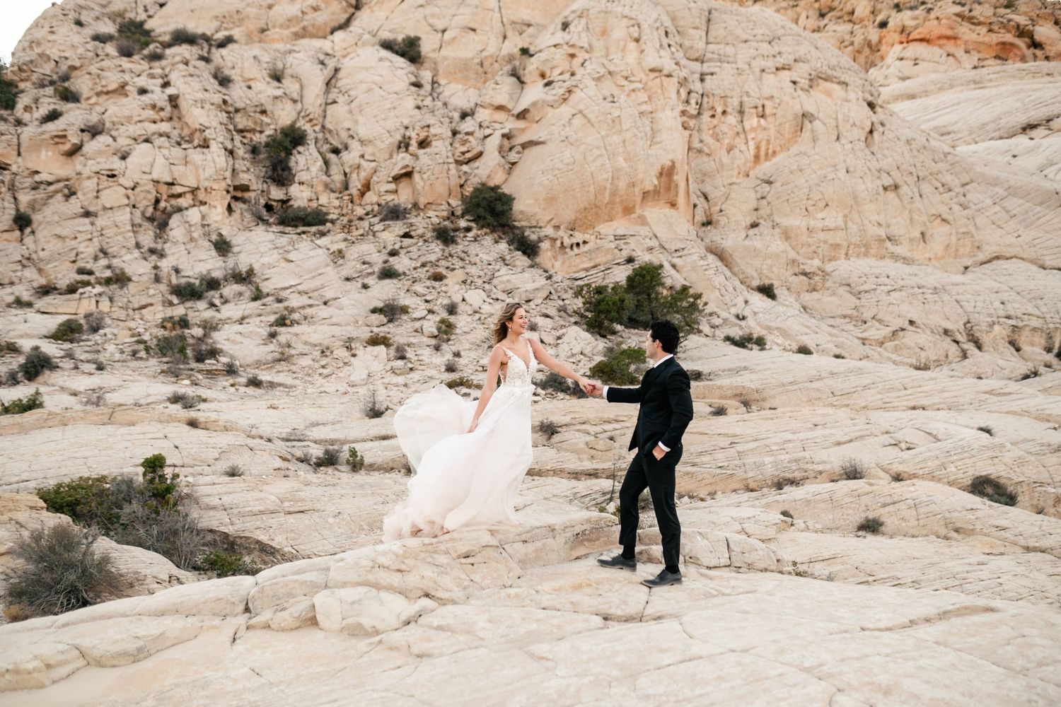 A couple in formal wedding attire poses together on scenic desert rock formations in Southern Utah. Snow Canyon Photographer.