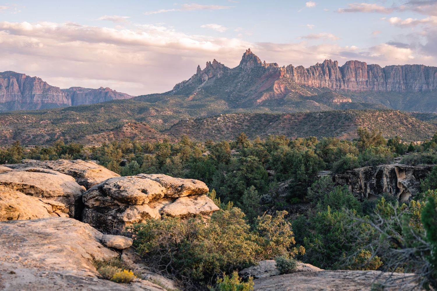 Scenic mountain landscape with dramatic rock formations and green forest in the desert.