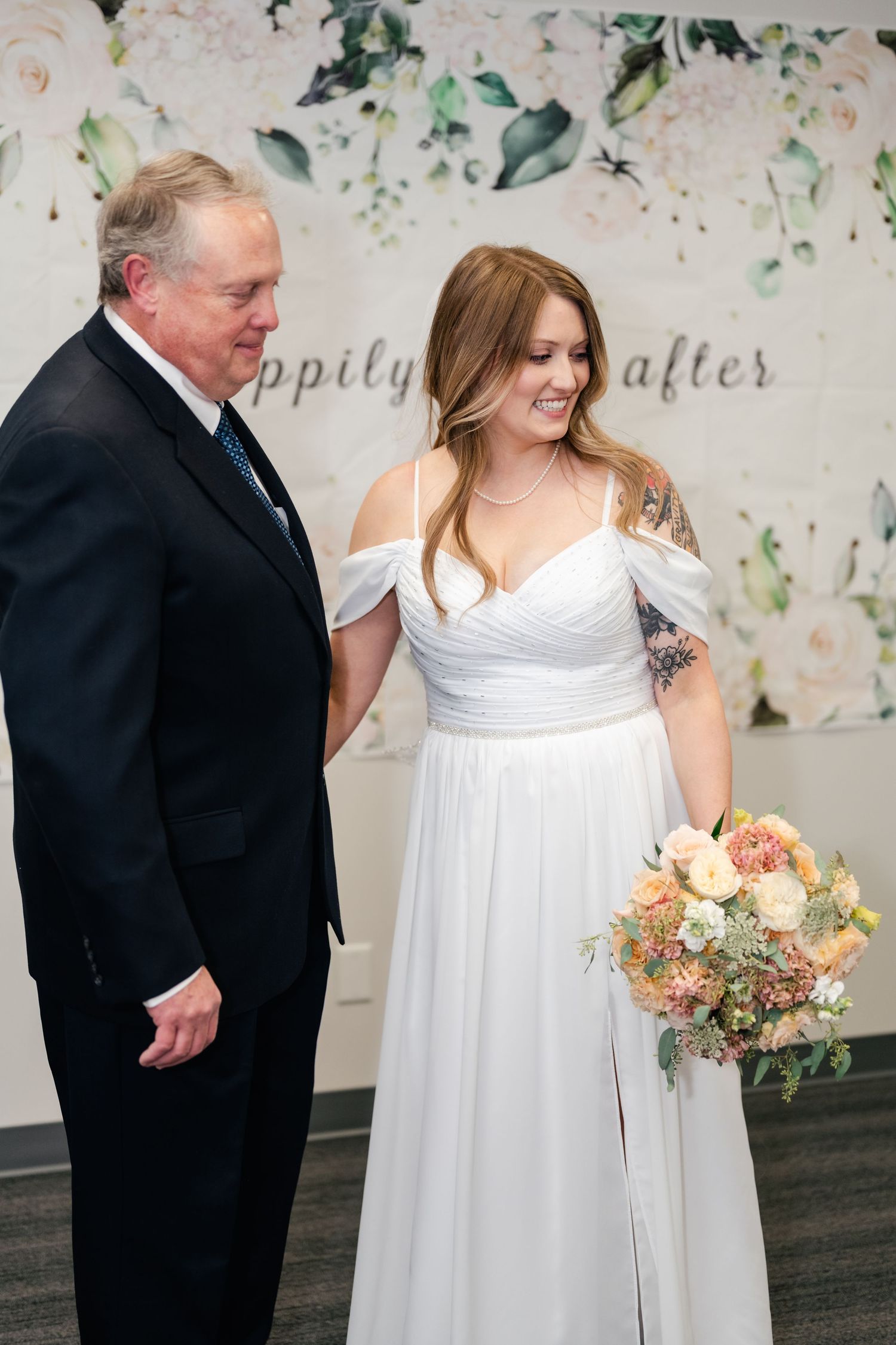 A series of wedding photos showing a bride in a white dress holding a peach and coral bouquet against a floral backdrop.