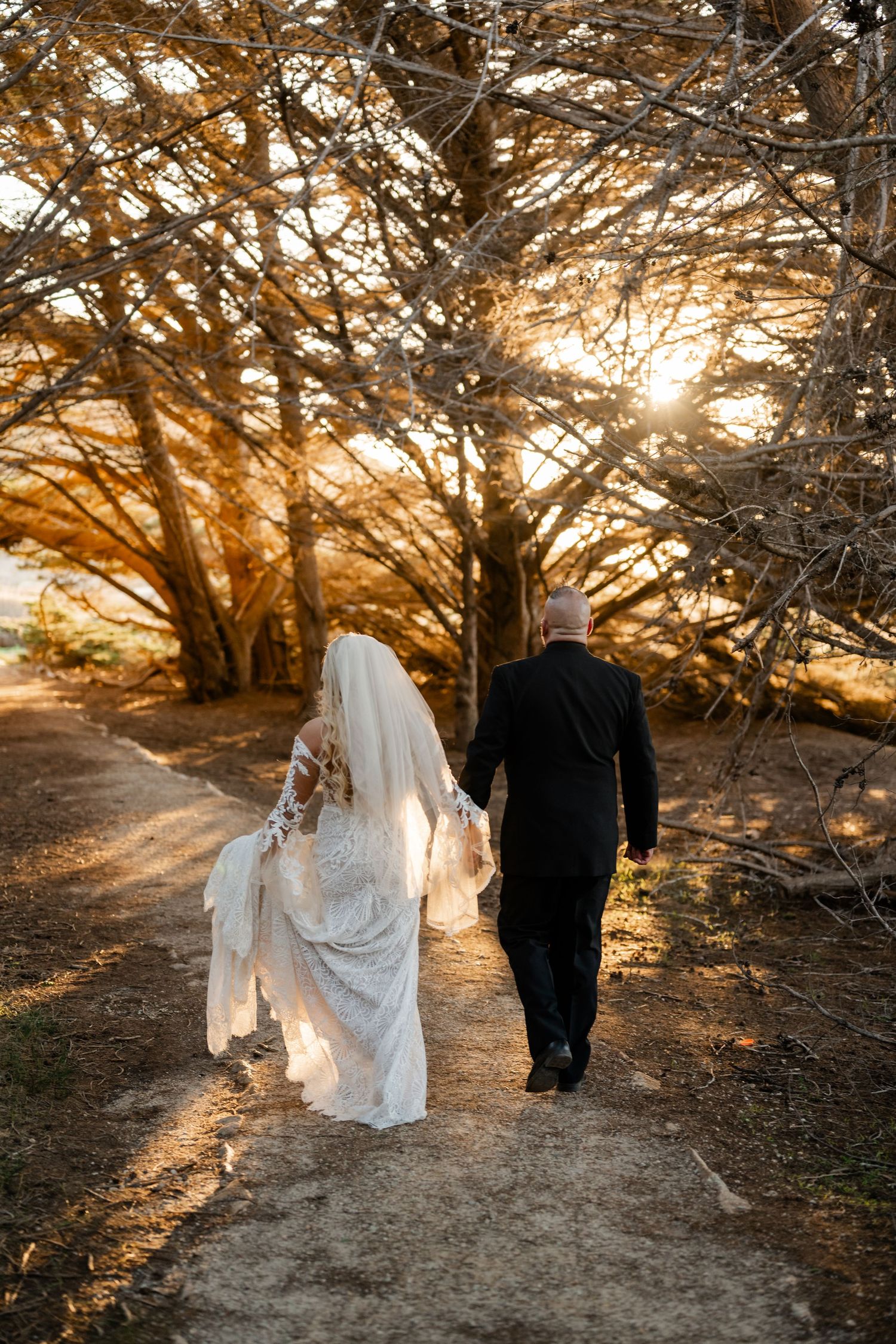 Couple walking through sunlit cypress trees during golden hour wedding photography session.