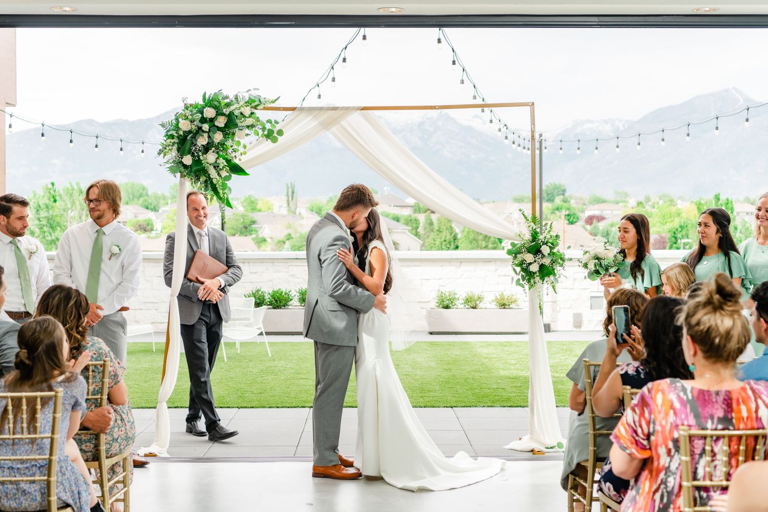 Wedding ceremony with mountain views at the Rooftop Lehi.