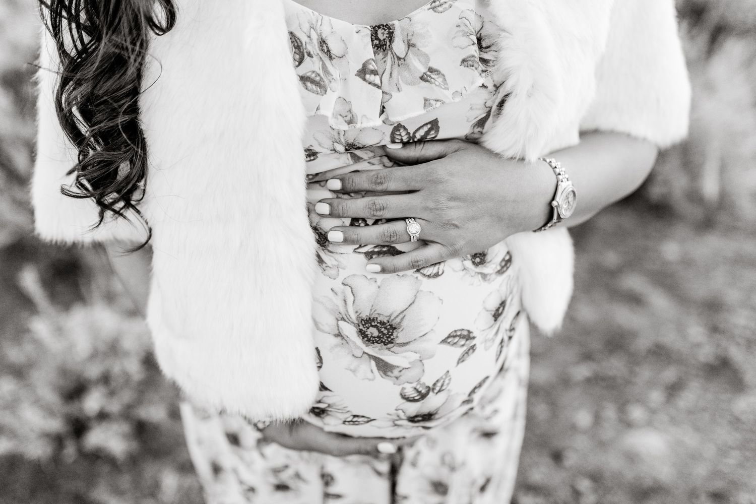 A black and white photo collage of a wedding couple holding hands and embracing in an outdoor garden setting.