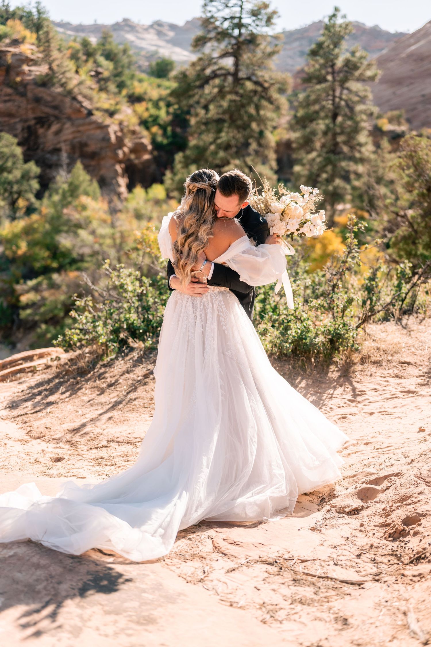 First look between bride and groom at the Temple of Sinawava in Zion National Park