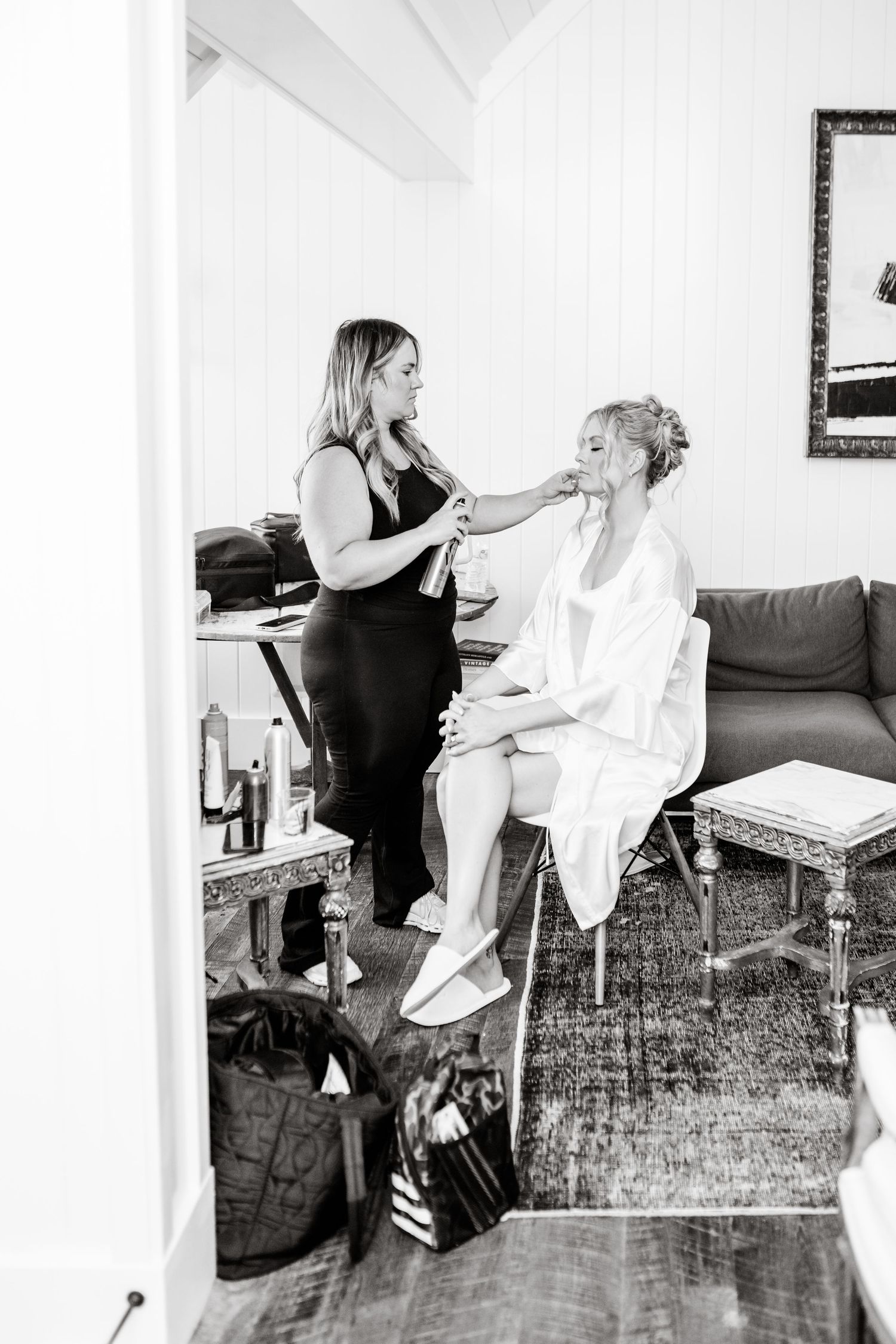 Black and white sequence of getting ready moments in a bright room.