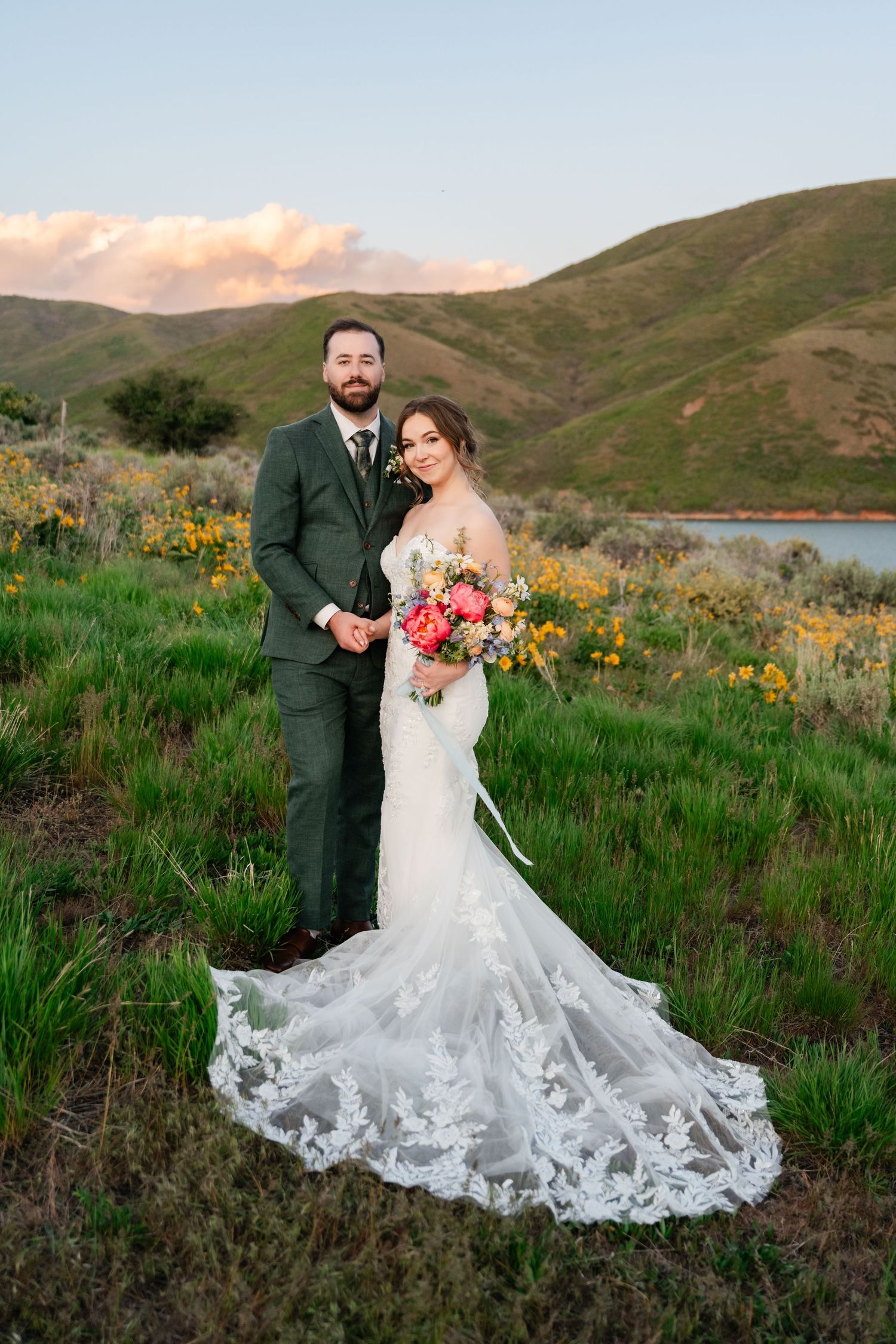 Wedding photography sequence showing couple in natural mountain setting with lake and wildflowers.