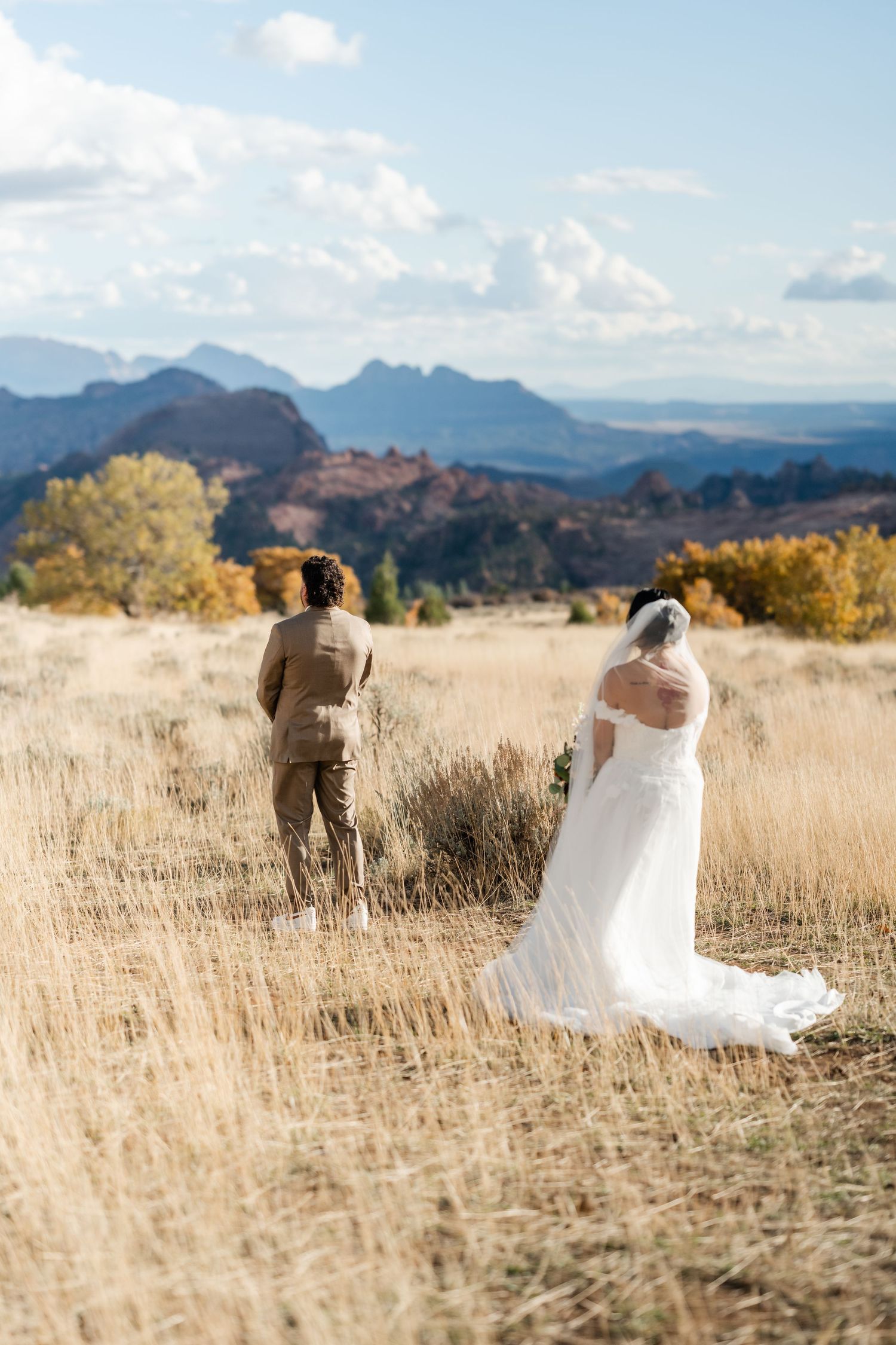 Couple walks through golden grass field with dramatic mountain backdrop during sunset wedding photoshoot.