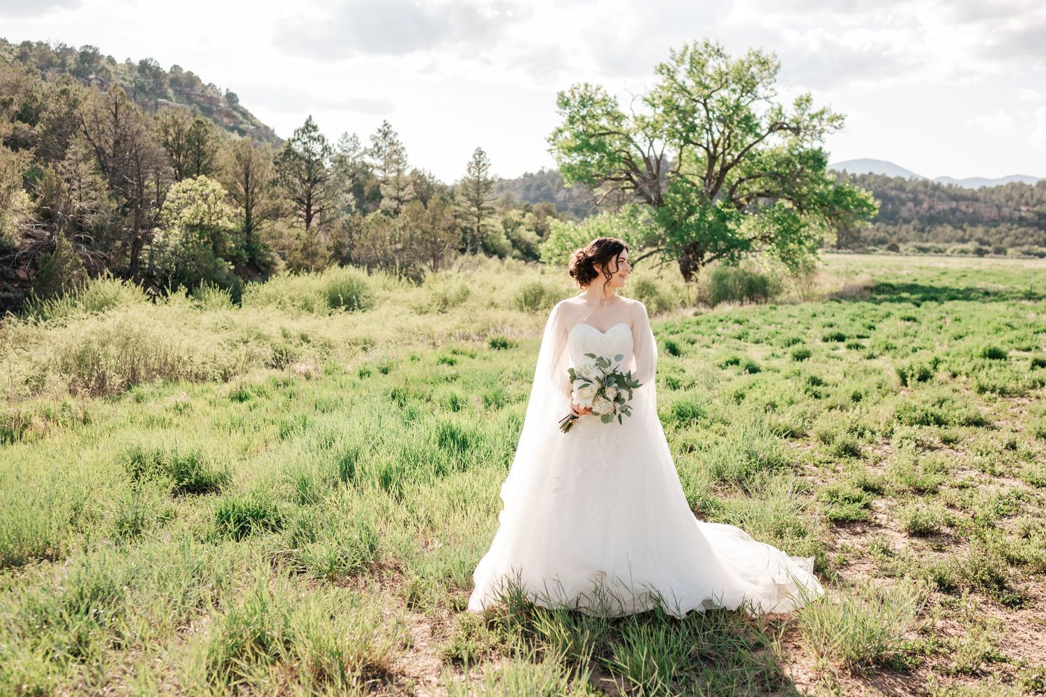 A bride in a white dress stands among desert brush and rolling hills on a cloudy day.