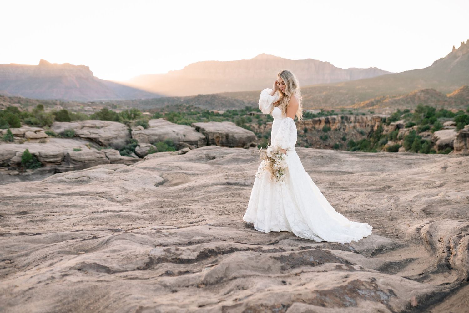 Utah elopement photographer captures the romance of a desert sunrise bridal session