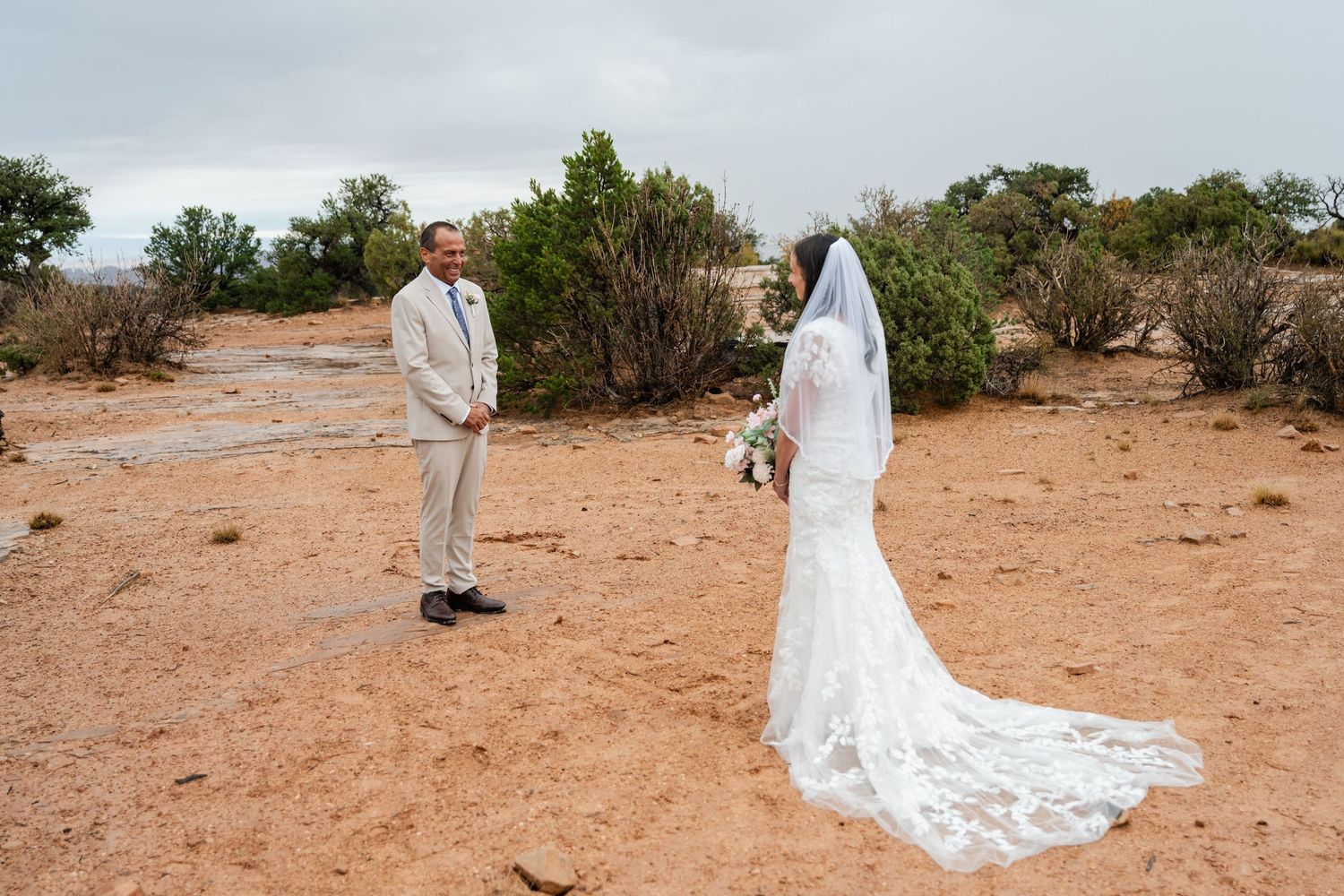 A couple in wedding attire stands on red desert soil surrounded by desert brush and greenery.