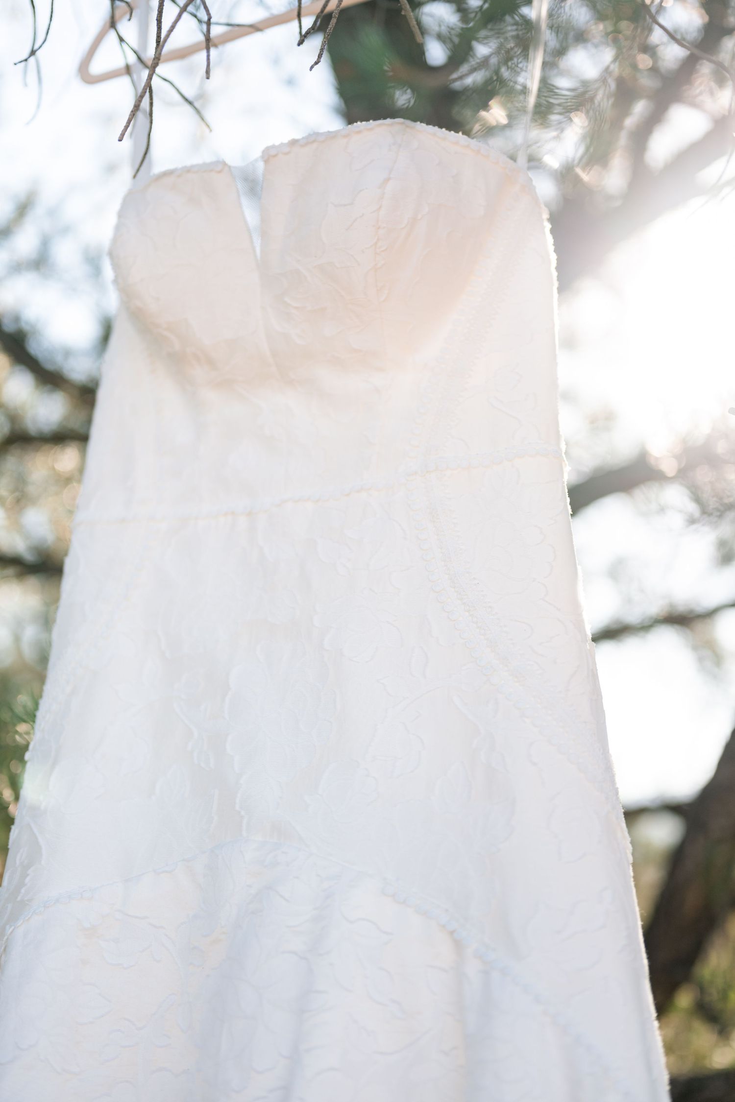 bridal dress detail photograph of dress hanging in the juniper desert trees