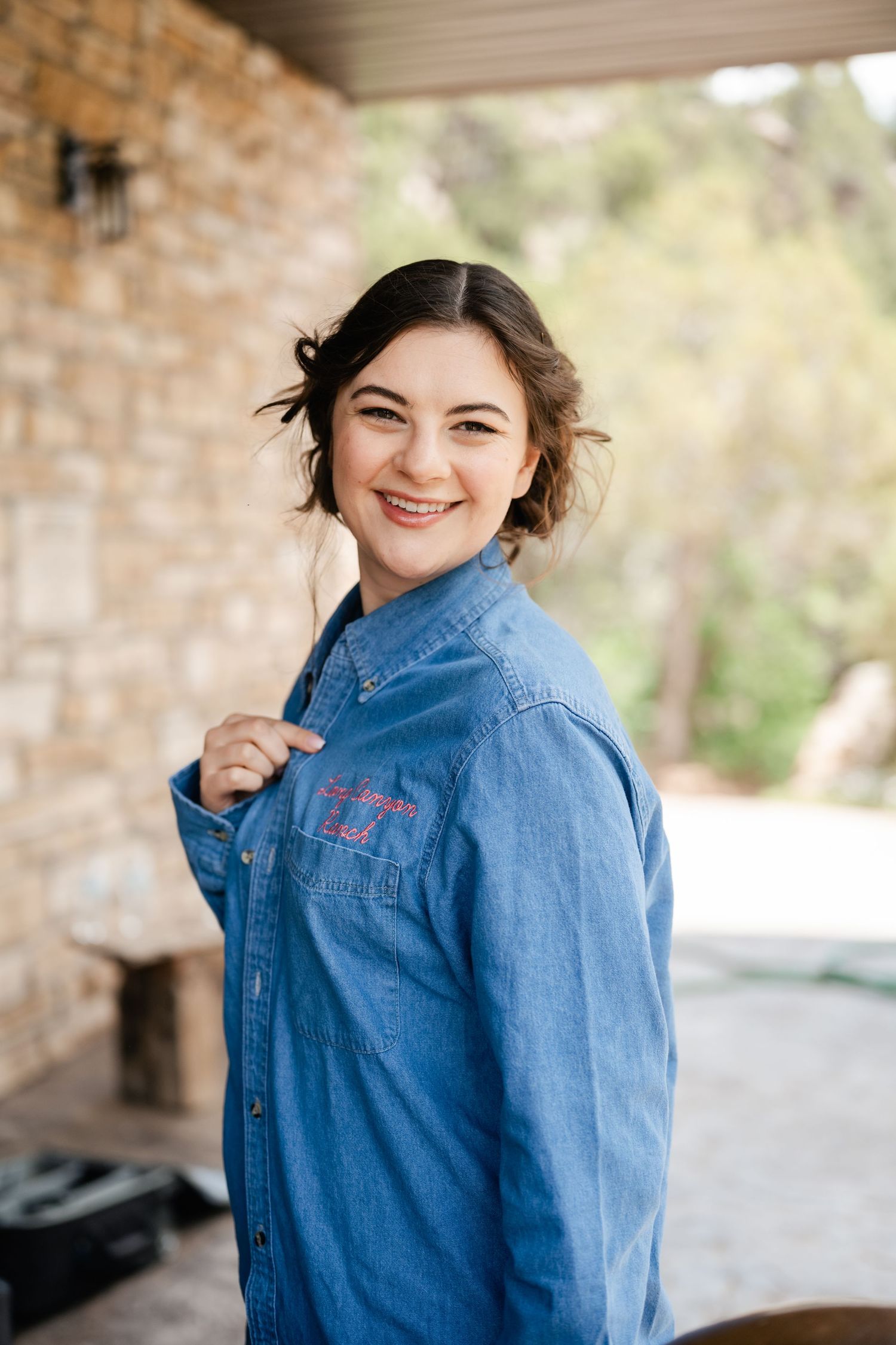 A sequence of photos showing a person in a denim button-up shirt against a brick wall backdrop.