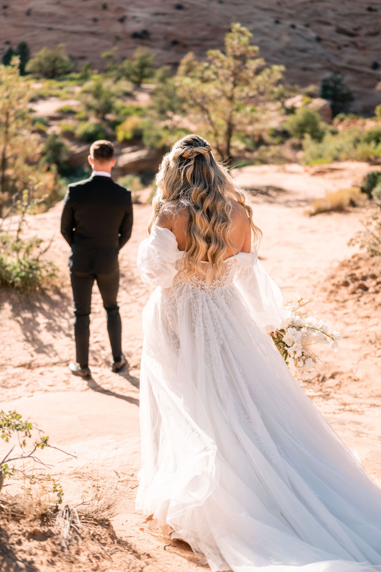 First look between bride and groom at the Temple of Sinawava in Zion National Park