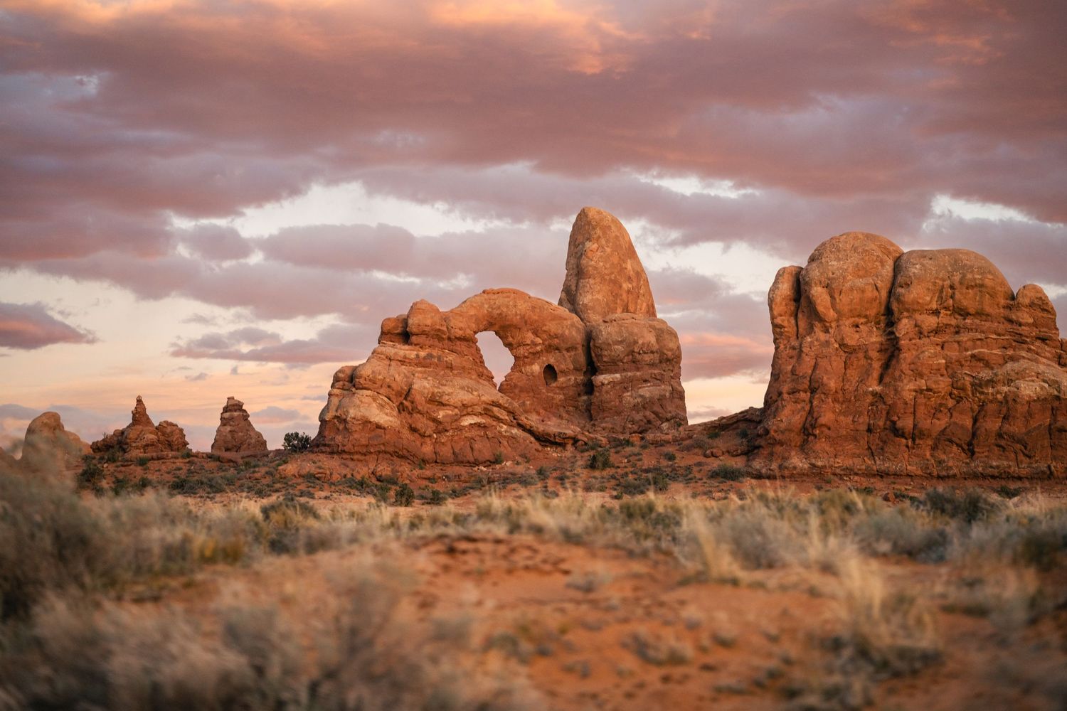 Landscape image of the windows at Arches National Park at sunset