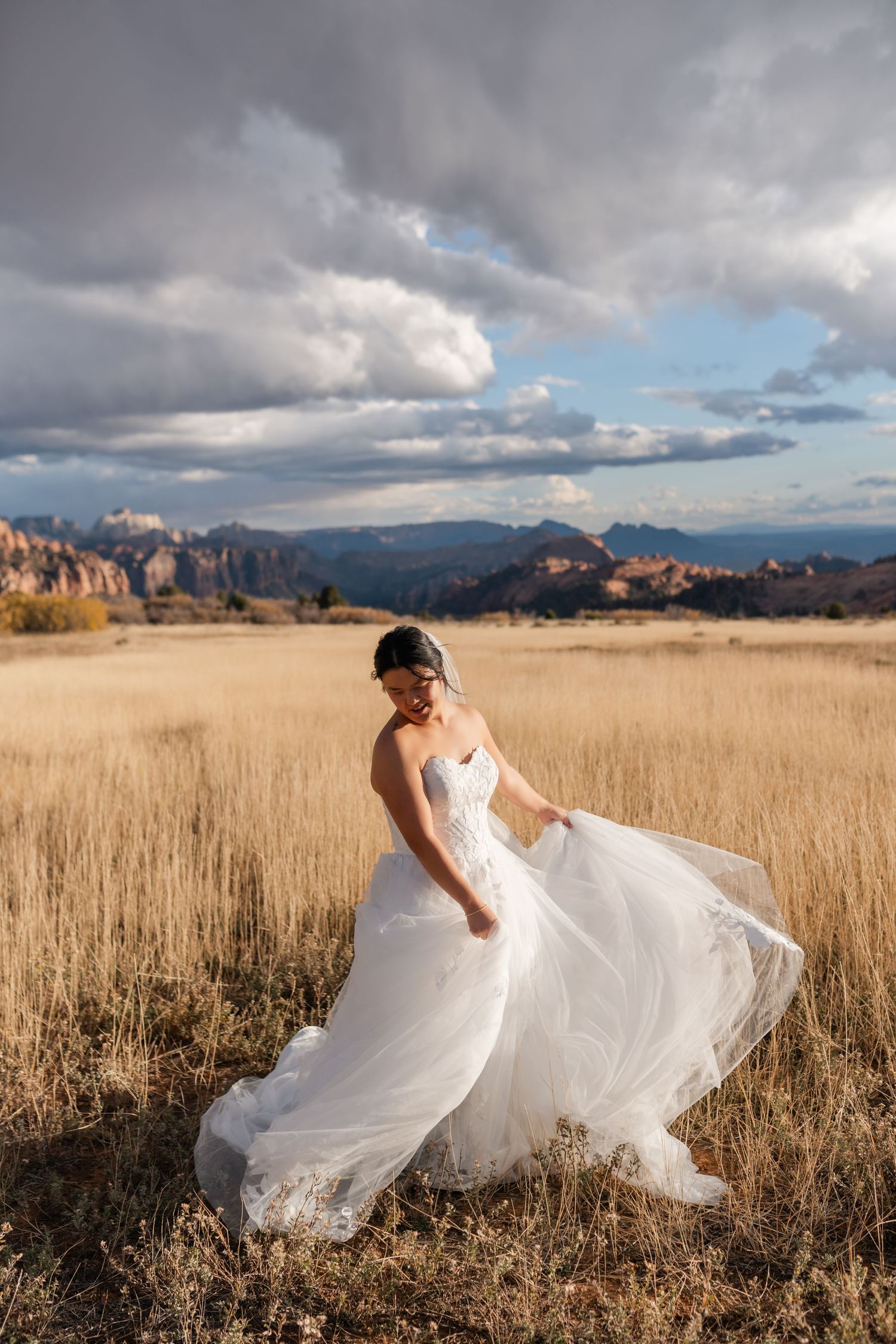 A flowing white wedding dress twirls in a golden field with dramatic mountain landscape and stormy sky backdrop.