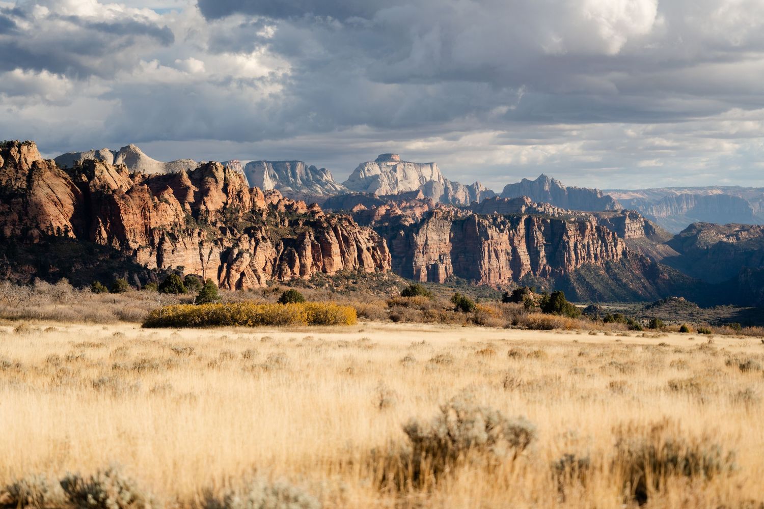 Panoramic view of rugged desert mountains with dramatic cloudy skies over golden grasslands in the American Southwest.