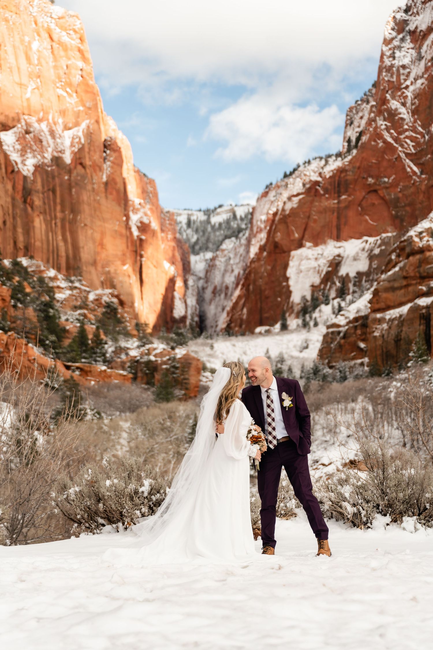 A snowy winter landscape at Zion National Park with red rock formations and white snow covering the ground.