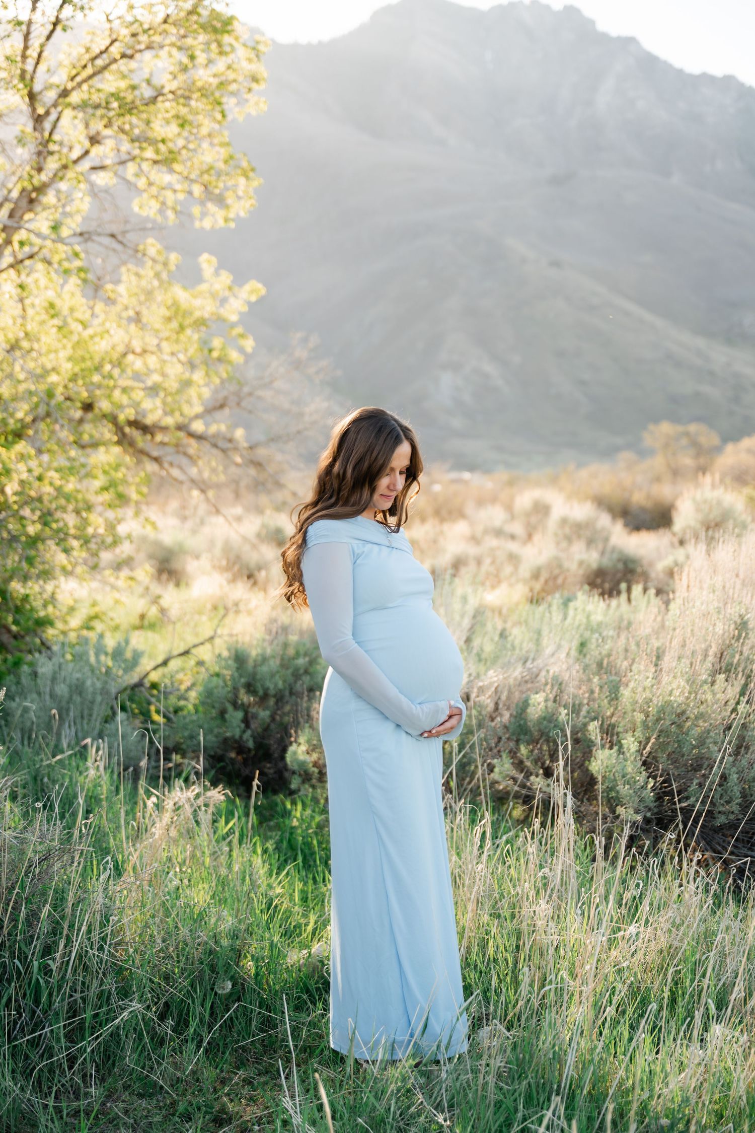 Pregnant woman in light blue gown cradling baby bump in a mountain meadow at golden hour.