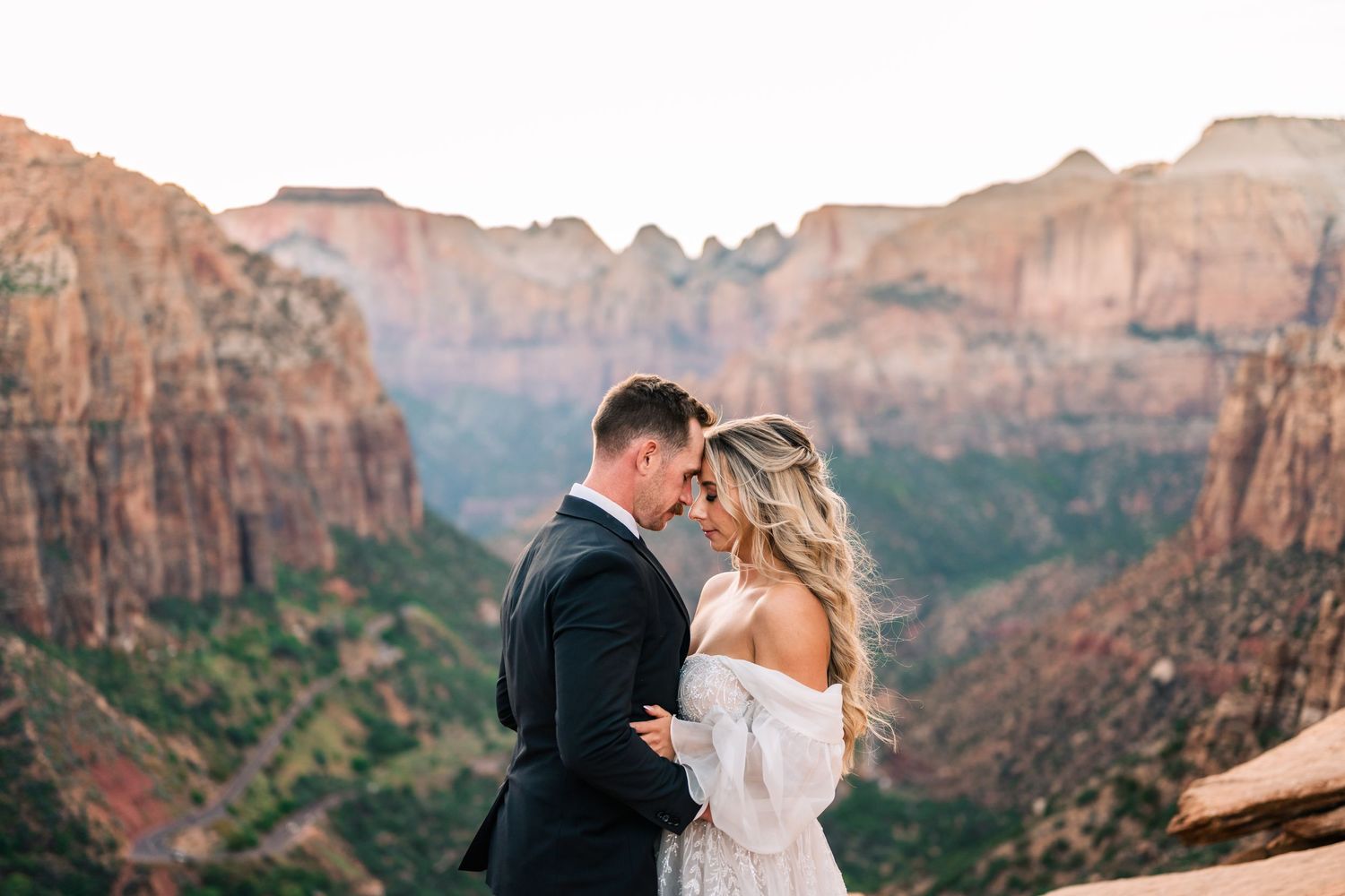 Wedding couple portraits in Zion National Park in October by Zion wedding photographer