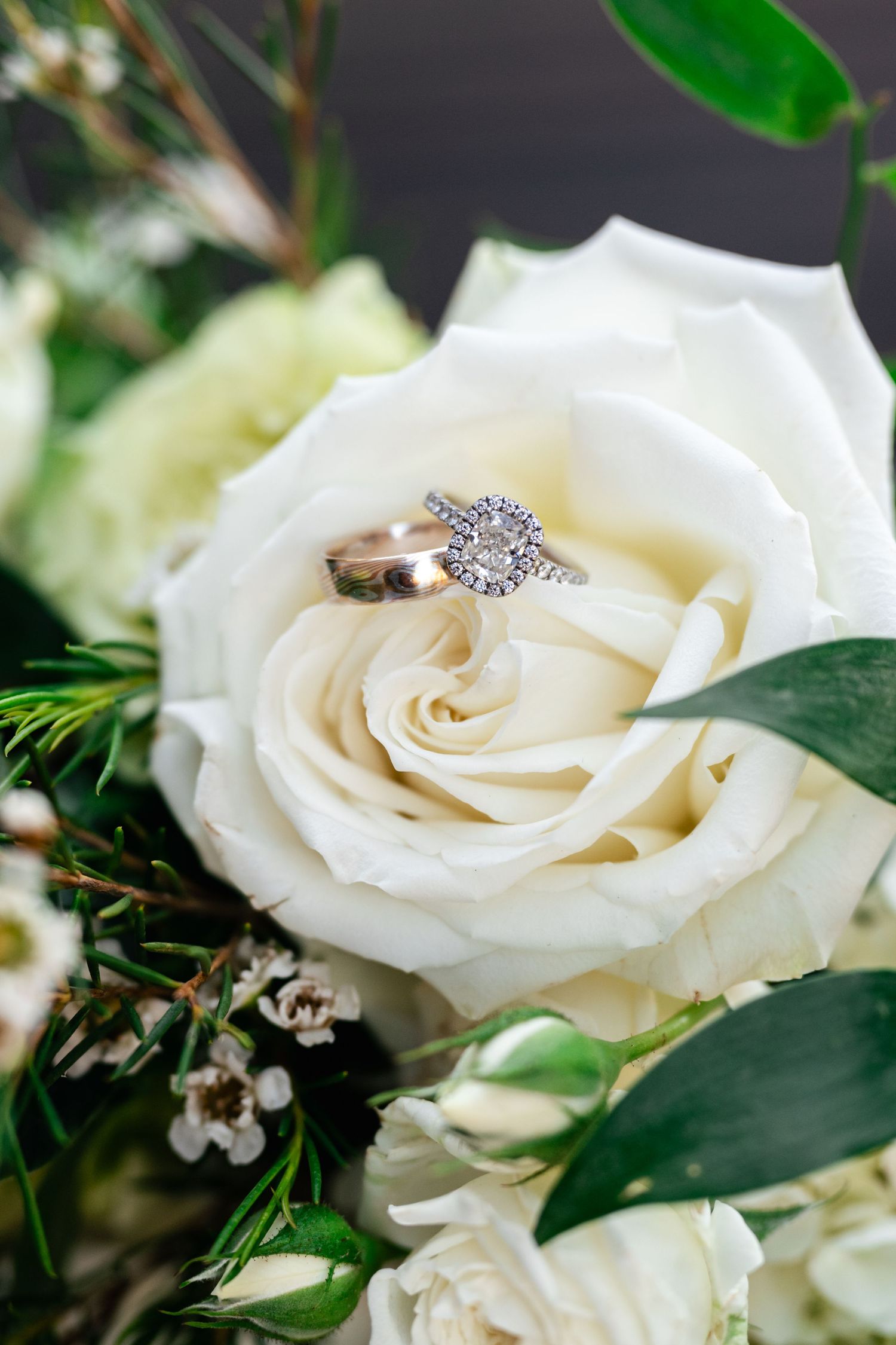 A white diamond engagement ring rests delicately on a pristine white rose with green leaves in the background.