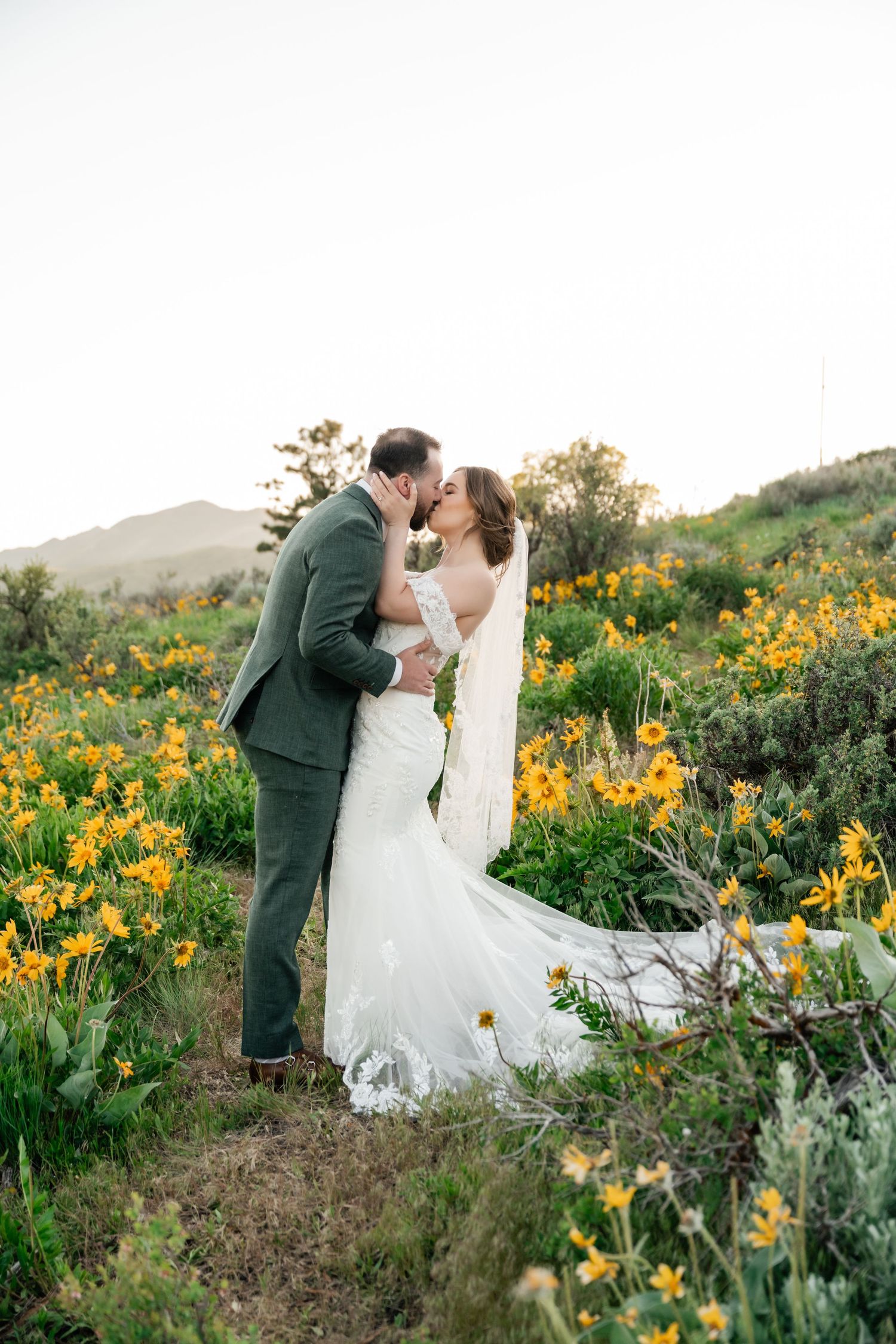 A romantic wedding couple shares a kiss among vibrant yellow wildflowers in a mountainous spring landscape.