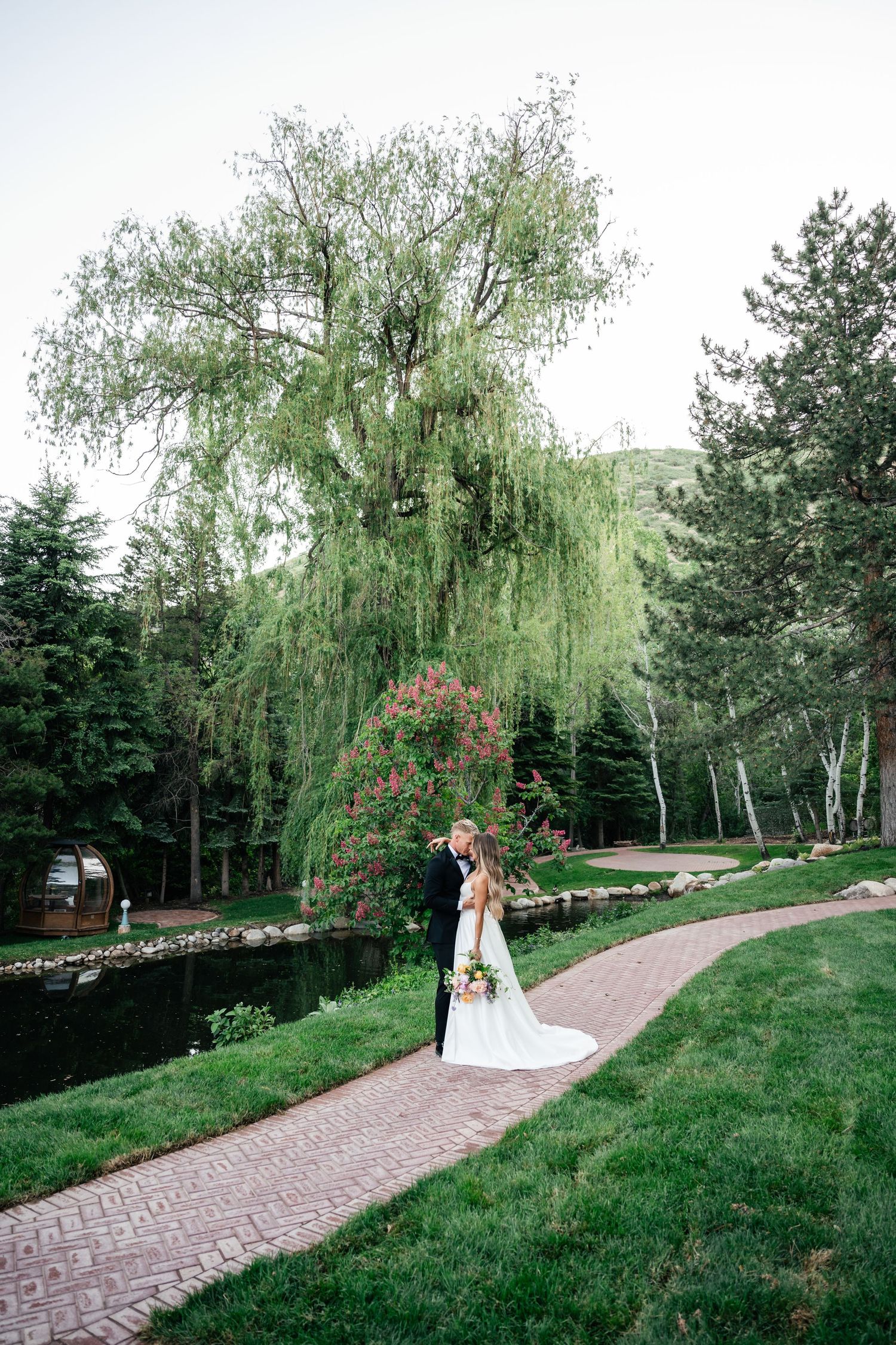 A couple embraces on a brick path surrounded by lush gardens with a dramatic weeping willow tree overhead.