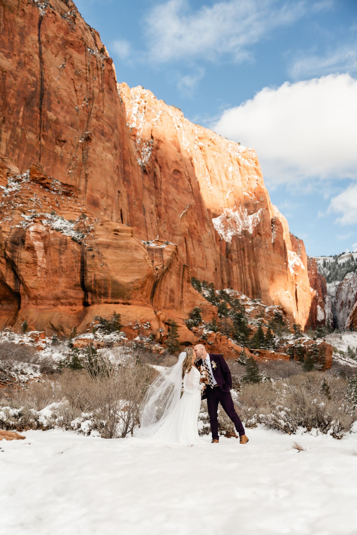 A snowy winter landscape with red sandstone cliffs and desert vegetation in Zion National Park.