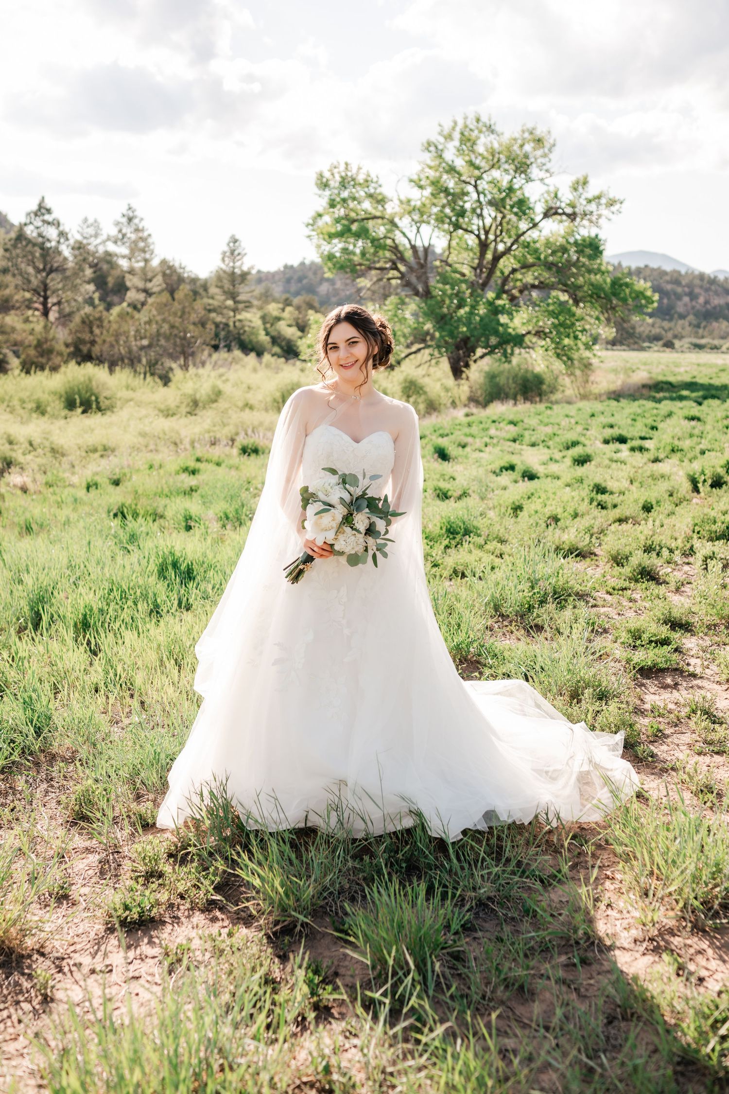 A bride in a ballgown style dress poses in a rustic outdoor setting with mountain views.