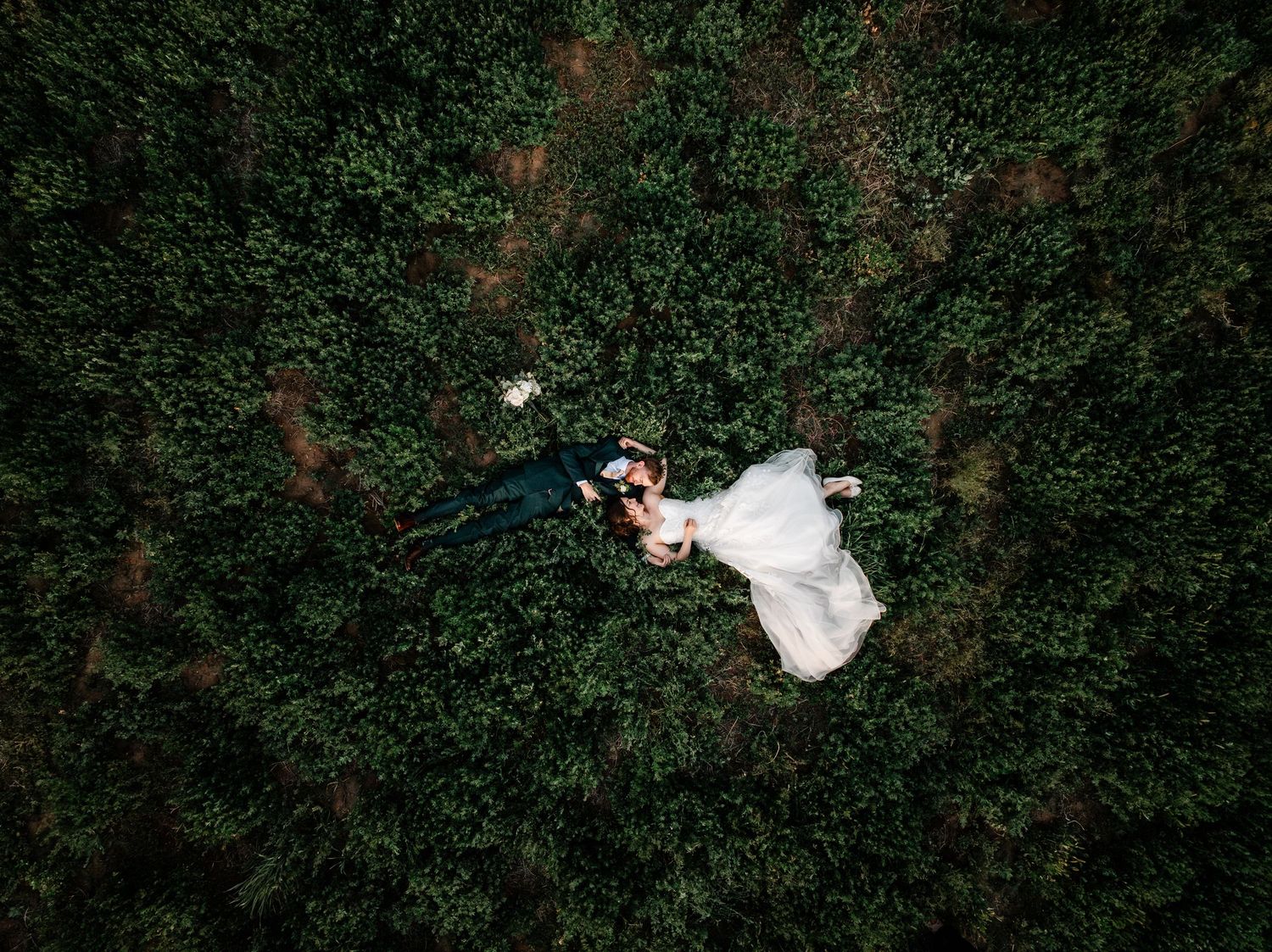 A series of artistic wedding photos showing a couple in a lush green garden setting.