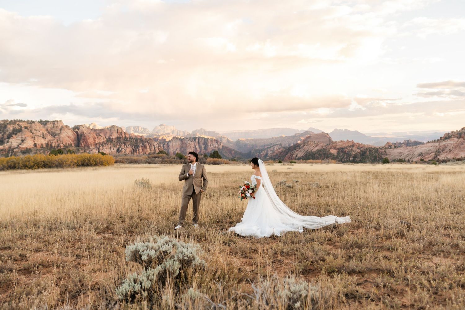 Panoramic wedding scene in open field with dramatic mountain backdrop and moody sky.