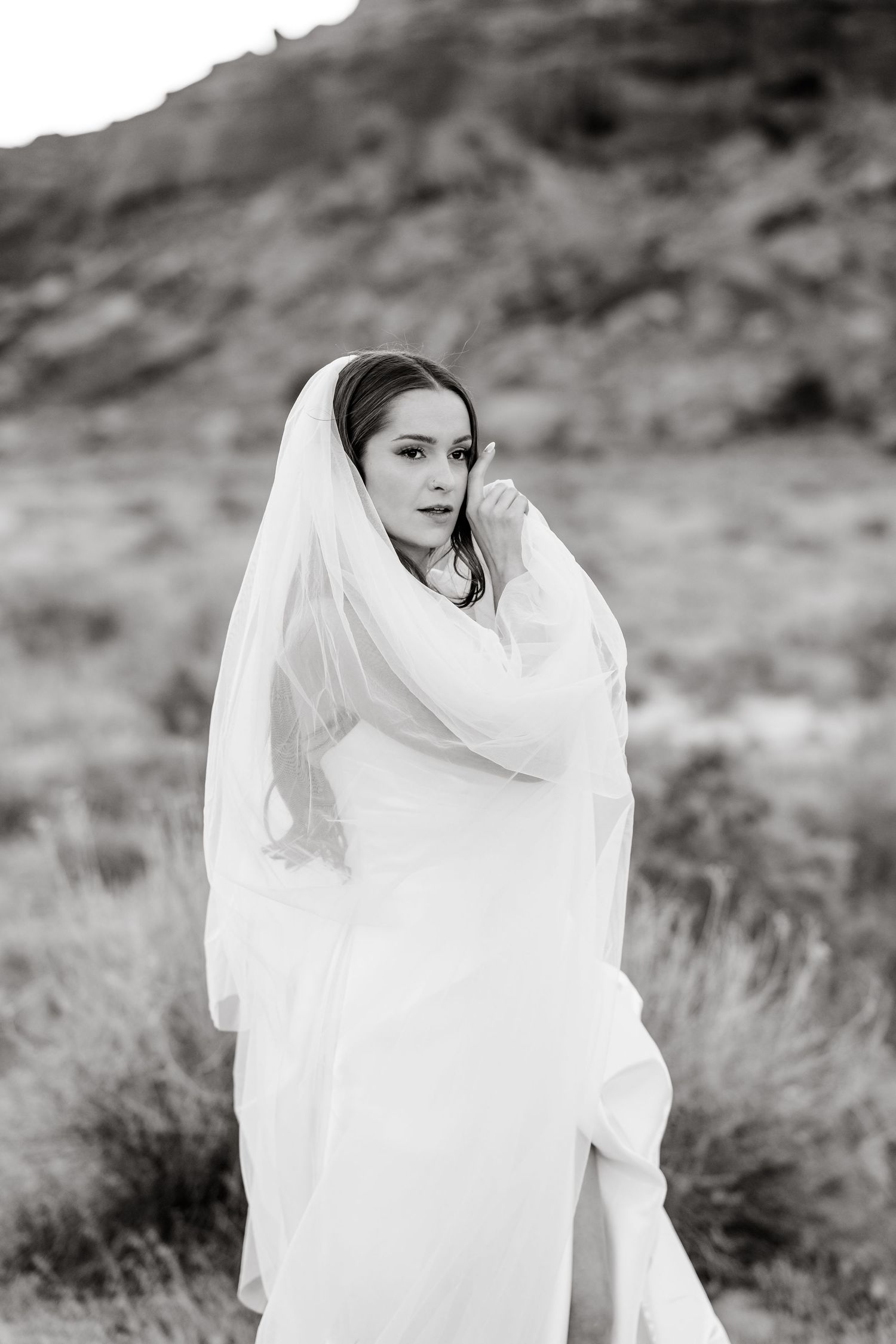 Black and white portrait of bride wrapped in flowing cathedral veil, standing in desert landscape with mountain backdrop.