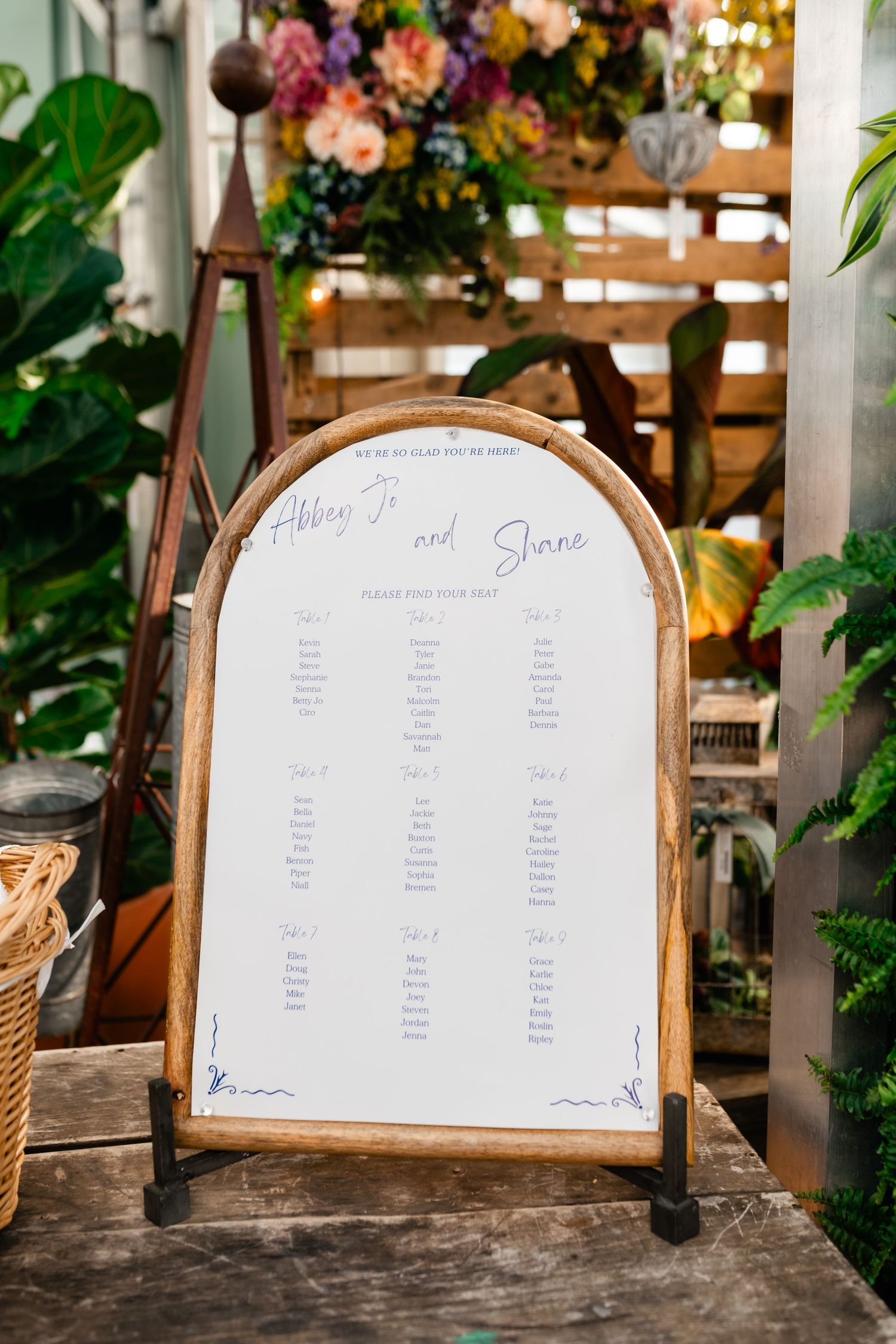 Elegant wedding seating chart displayed on an arched wooden stand surrounded by floral decorations.