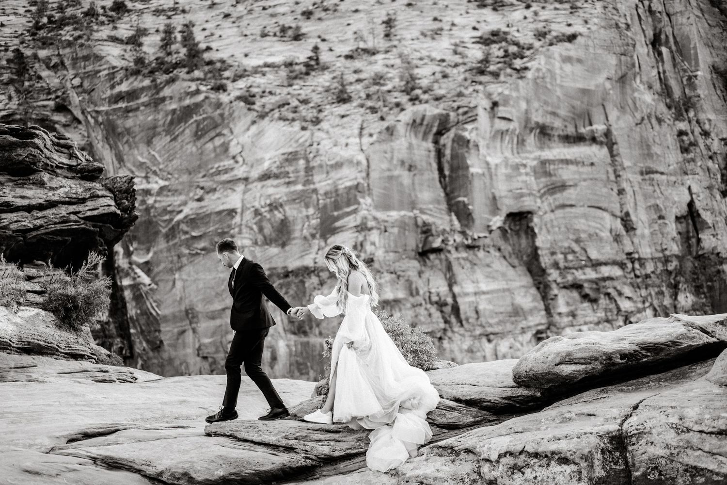 Wedding couple portraits in Zion National Park in October by Zion wedding photographer