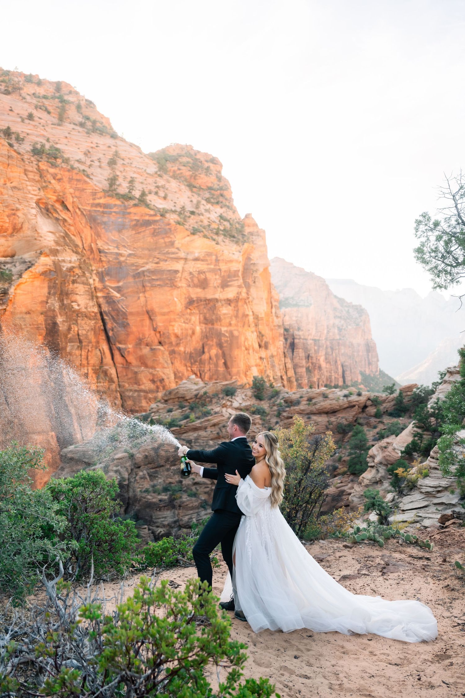 Newlyweds pose dramatically against towering red canyon walls in formal attire.