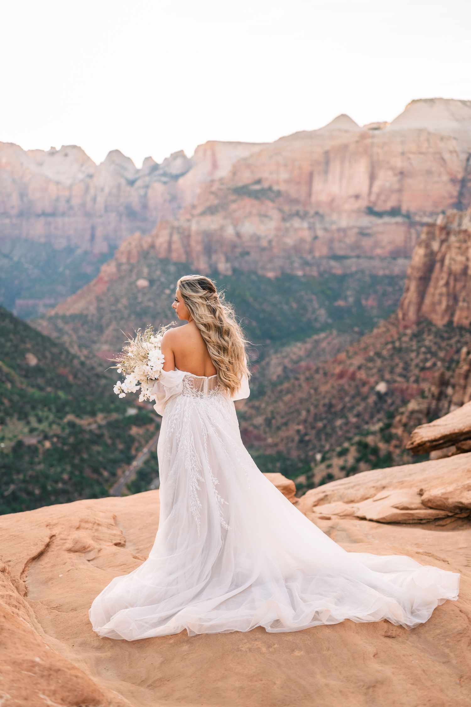 Bridal portrait at Zions National Park during golden hour by Zion elopement photographer