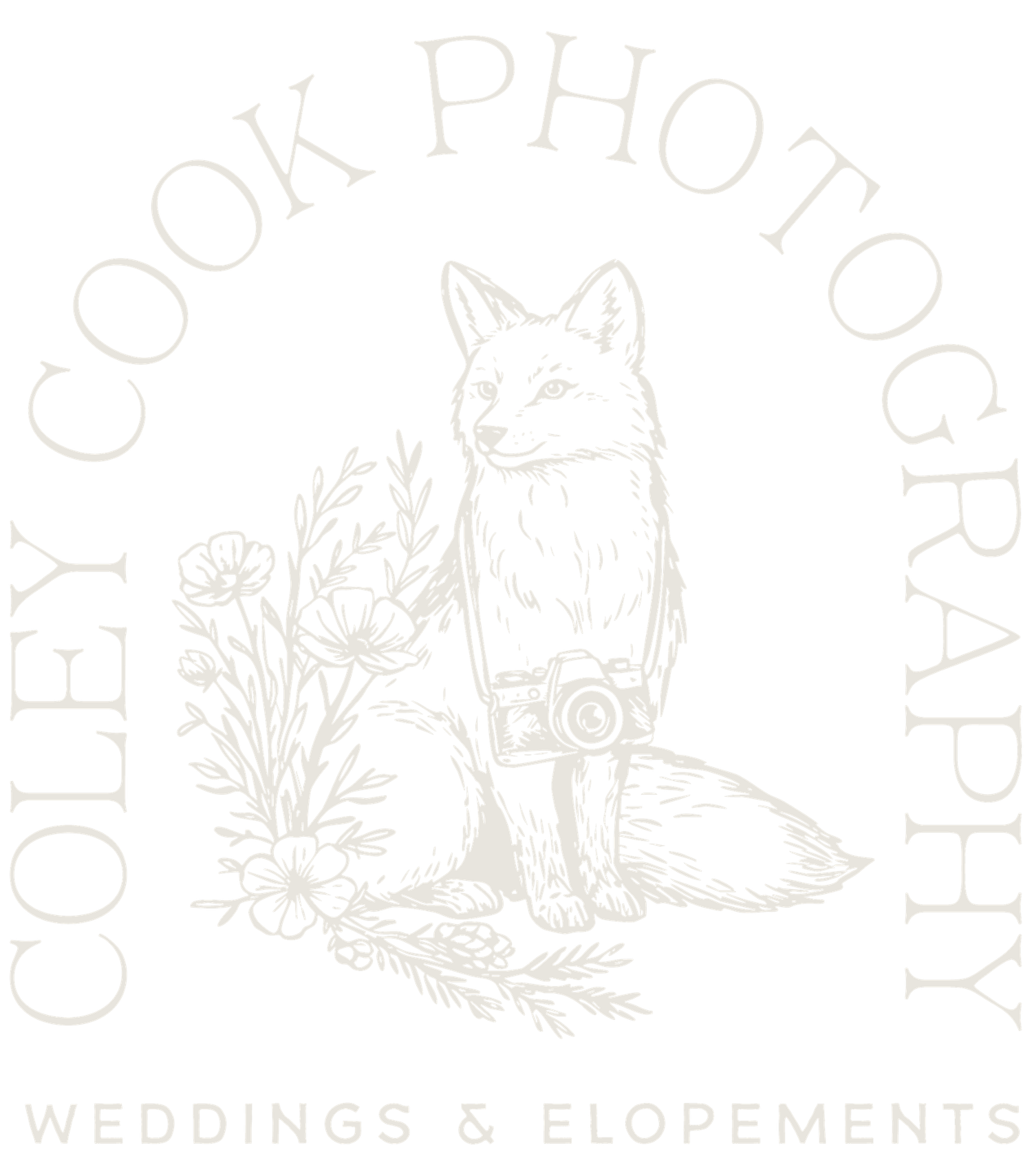 Coley Cook Photography weddings and elopements logo featuring an illustrated fox holding a camera surrounded by flowers.