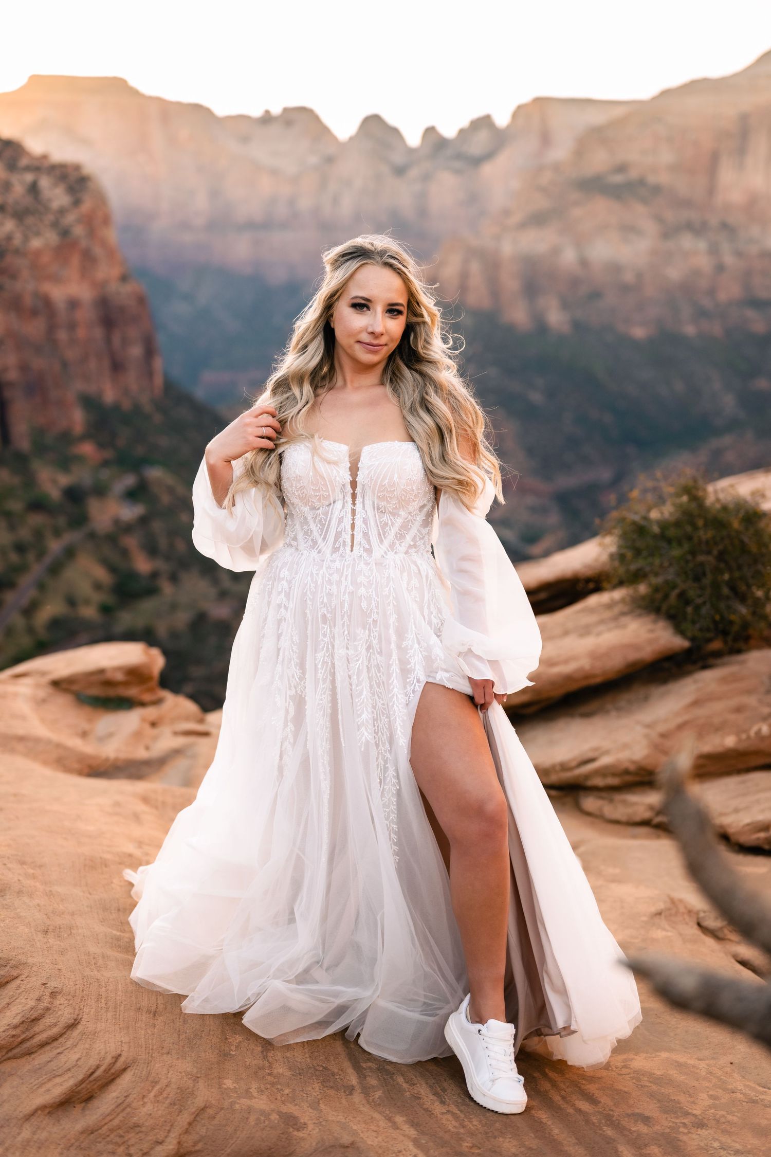 Bridal portrait at Zions National Park during golden hour by Zion elopement photographer
