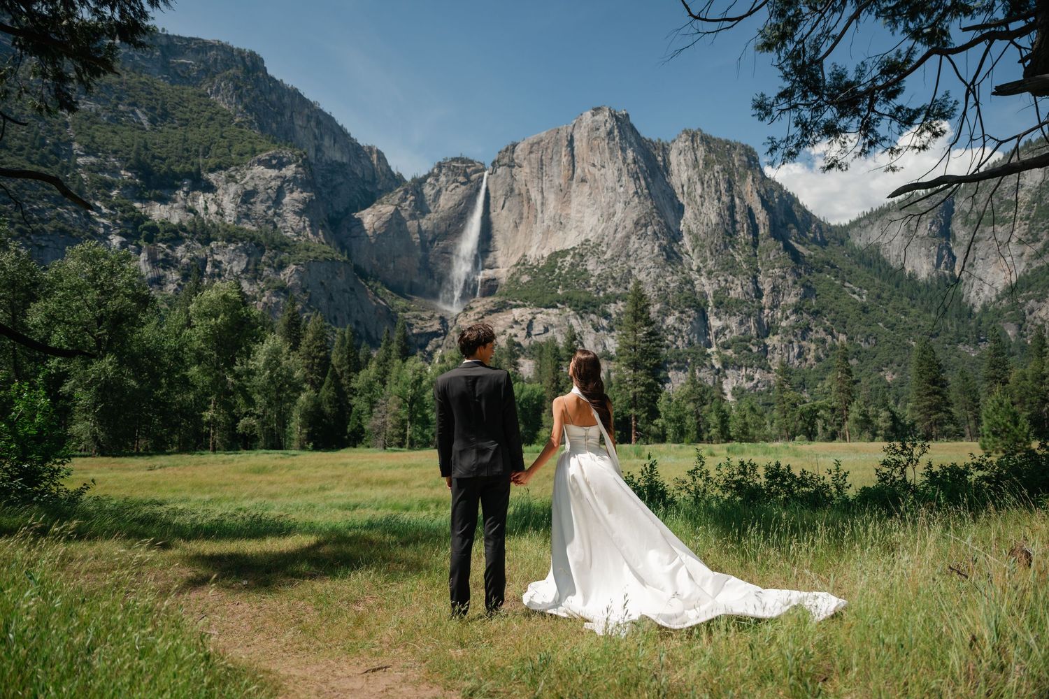 Bride and groom holding hands facing Yosemite Falls waterfall in a scenic mountain meadow.