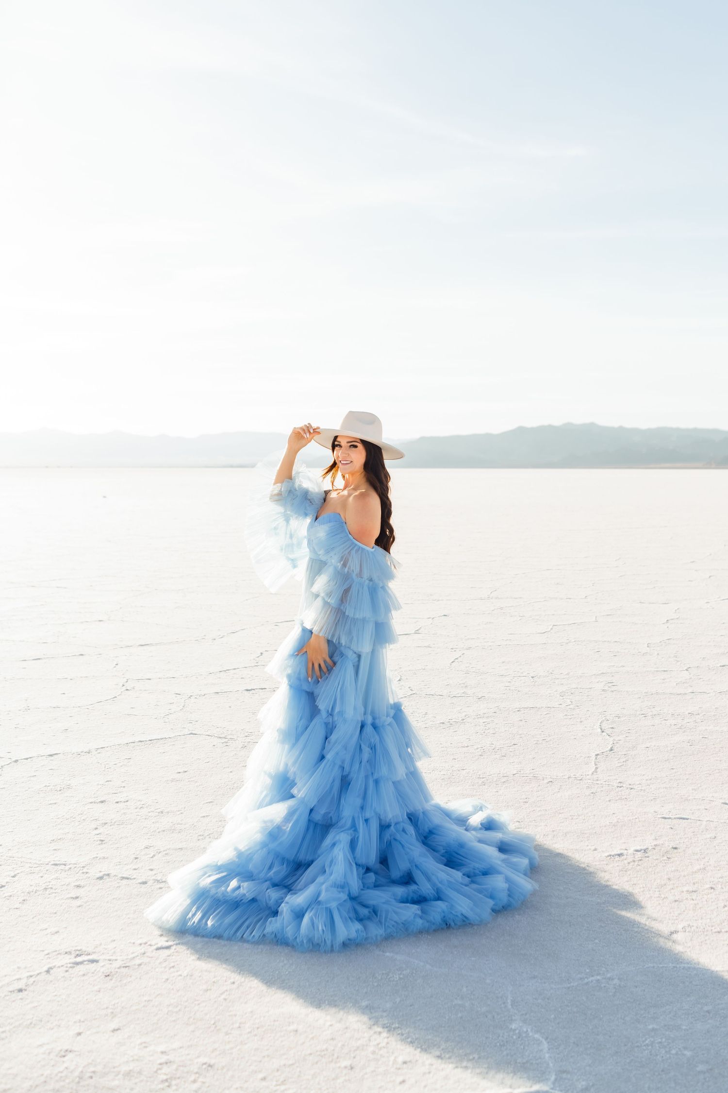 Portraits in beautiful dress at the Salt Flats by Salt Flats Photographer during sunset