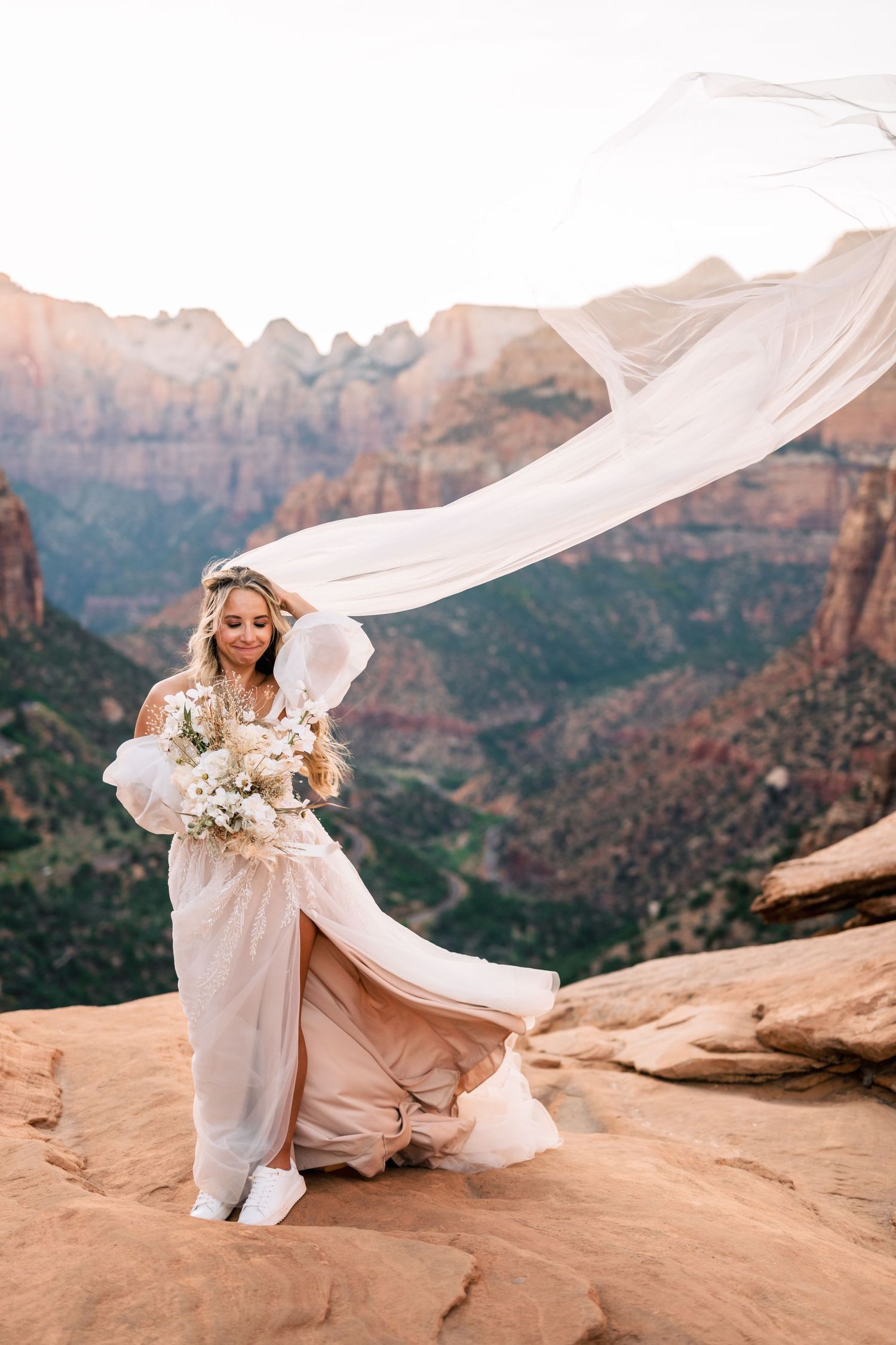 Bridal portrait at Zions National Park during golden hour by Zion elopement photographer
