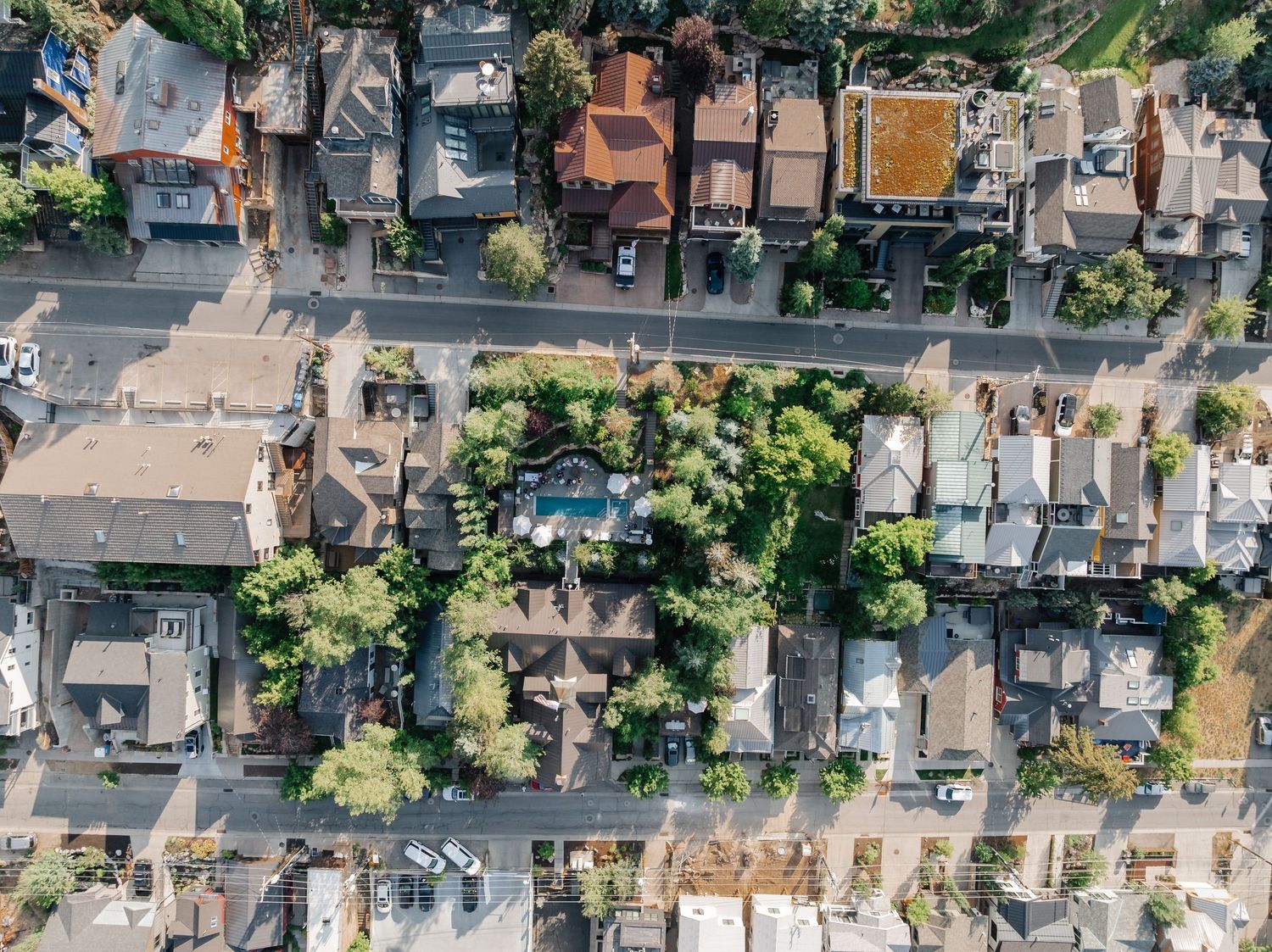 Aerial view of residential neighborhood streets and houses with green trees and landscaping from above.