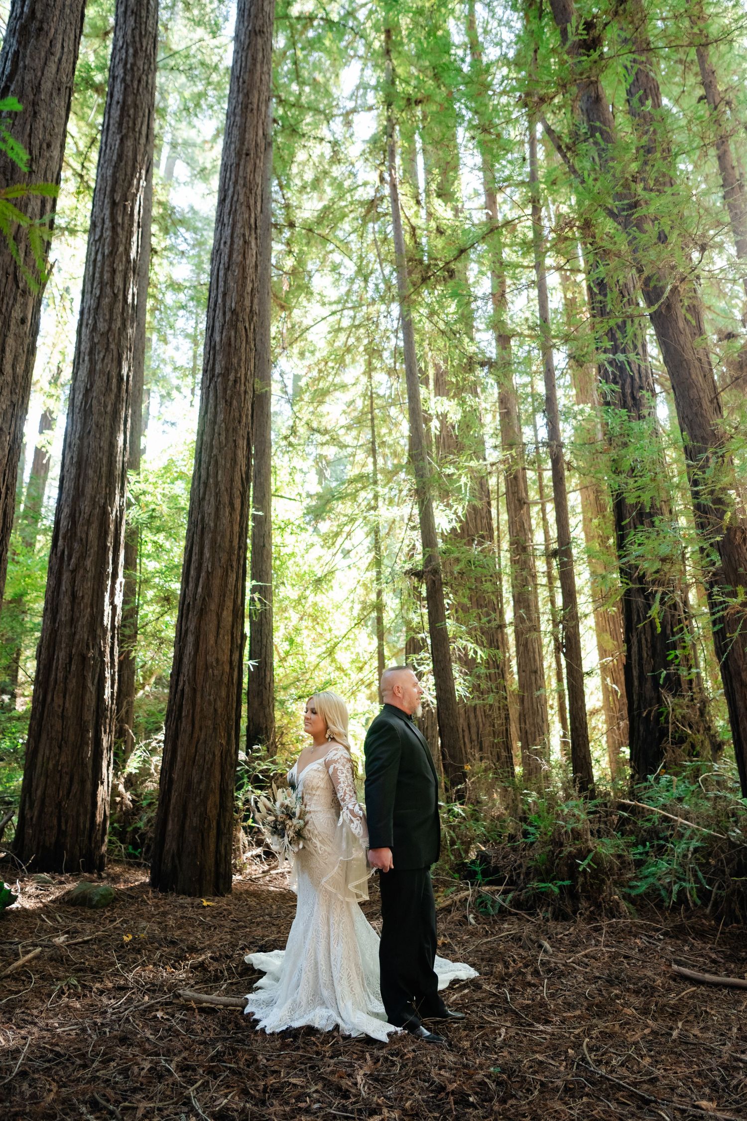 A couple shares an intimate moment among towering redwood trees in a serene forest setting.