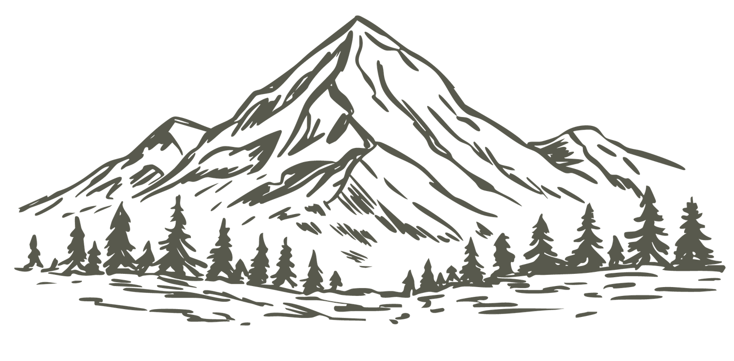 Sketch illustration of a mountain landscape with pine trees in the foreground, drawn in a vintage monochrome style.